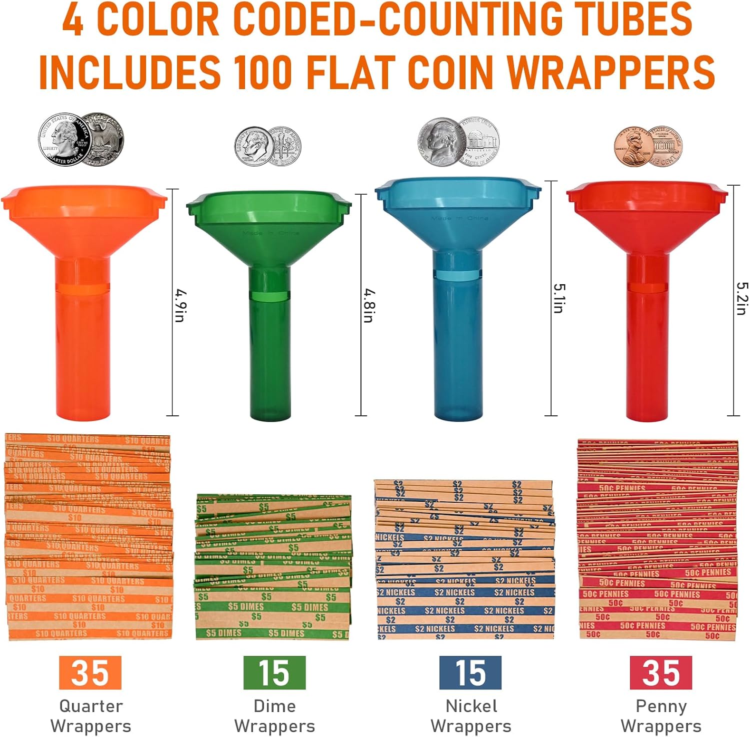 ESSENTIAL Coin Counting Tubes Set of 4, Color-Coded Tubes image 2