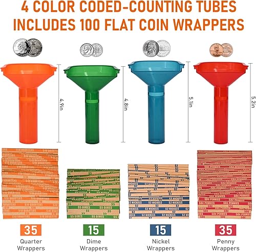 Miniatura 2 de ESSENTIAL Juego de 4 tubos de conteo de monedas, codificados por colores para cuartos, dimes, níquel, centavos, tubos ligeros y duraderos
