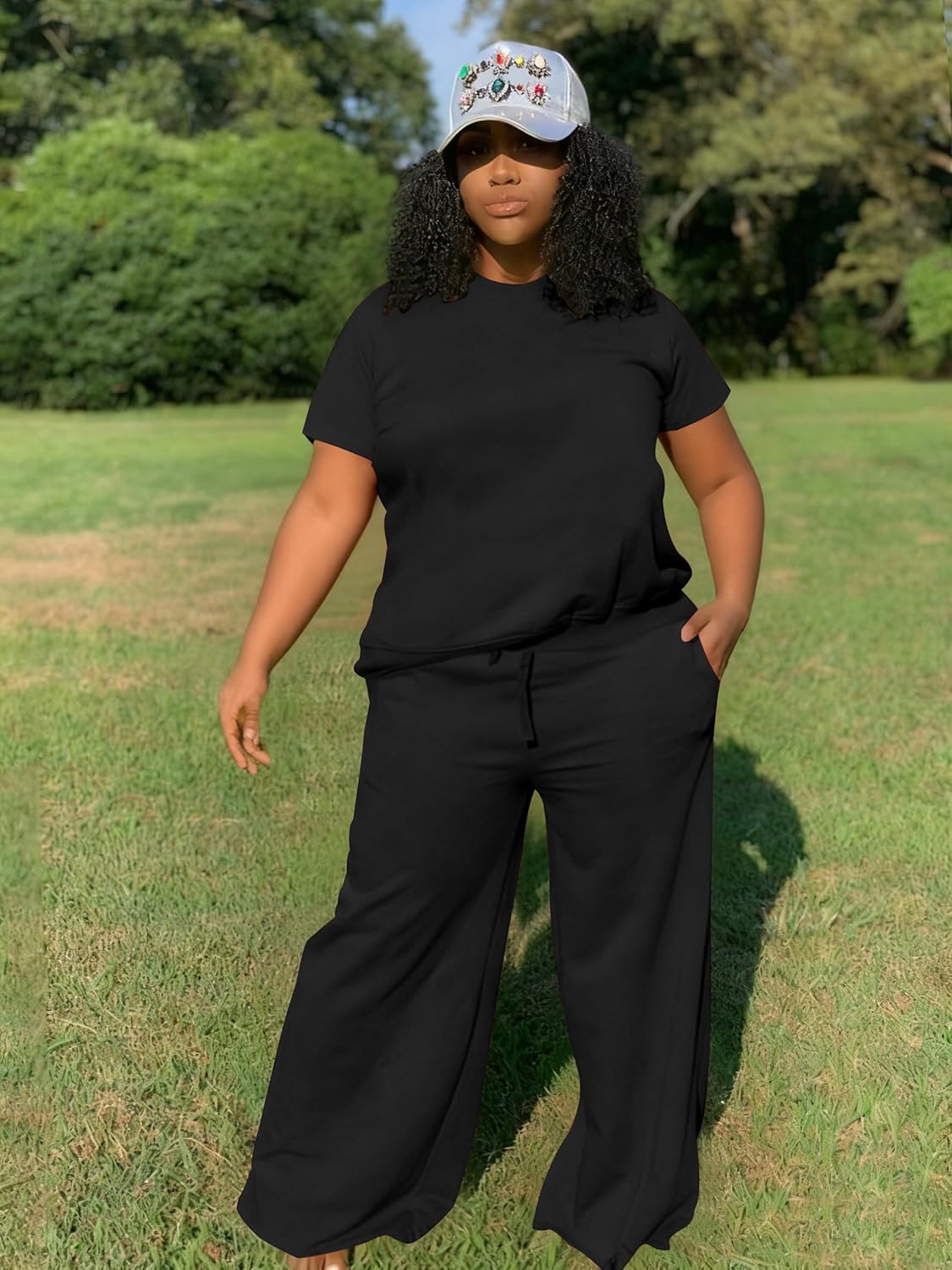 TOPSRANI Womens Plus Size Casual Sweatsuits Lounge Short Sleeve Tracksuit 2 Piece Outfits Baggy Wide Leg Long Pants Sets - Image 4