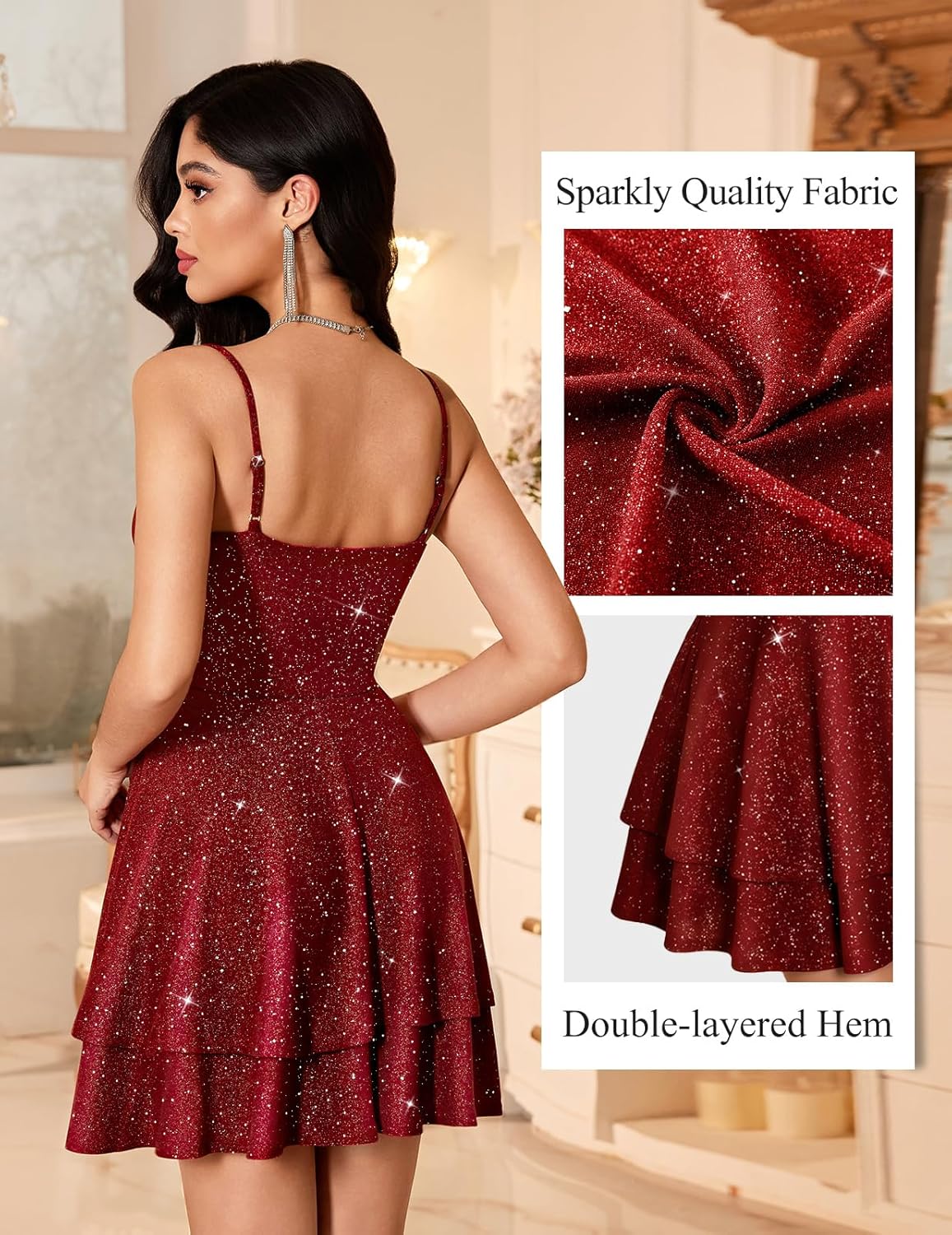 Meetjen Women's Short Prom Dresses 2026 Sparkly Cocktail Party Spaghetti Straps Layered Sequin Teens Graduation Dress - Image 6