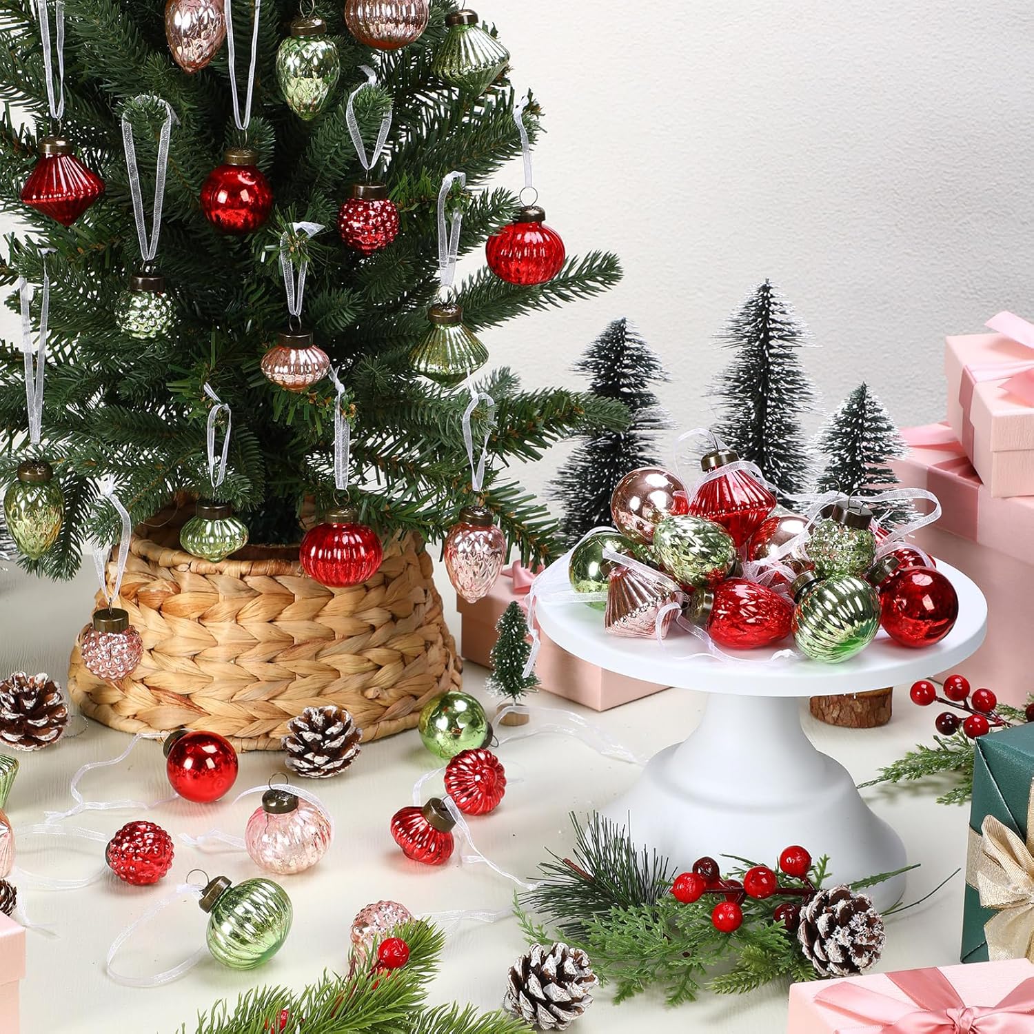 Jetec 48 Pcs Mini Red Green Pink Mercury Glass Ornaments 6 Style Vintage Glass Christmas Mini Mercury Balls Bulk 1.2" Hanging Ornaments Balls for Christmas Tree Xmas Party