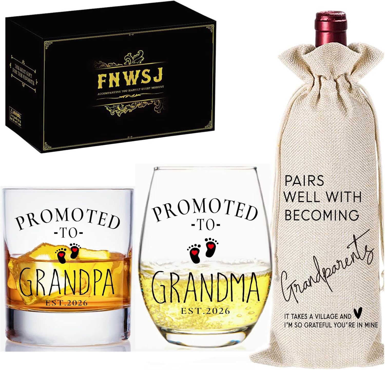 First Time Grandparents Gift Set, Promoted to Grandma and Grandpa Est 2026 - Personalized Whiskey and Wine Glass - New Grandparents Keepsake & Baby Announcement Gift -24