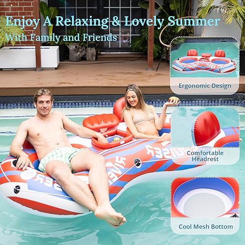 Miniatura 4 de 2025 Upgrade River Tube Floats for Adults Heavy Duty Pool Floats Inflatable Water Tube with Cup Holeder, Drink Cooler and Mesh Bottom Backrest (2