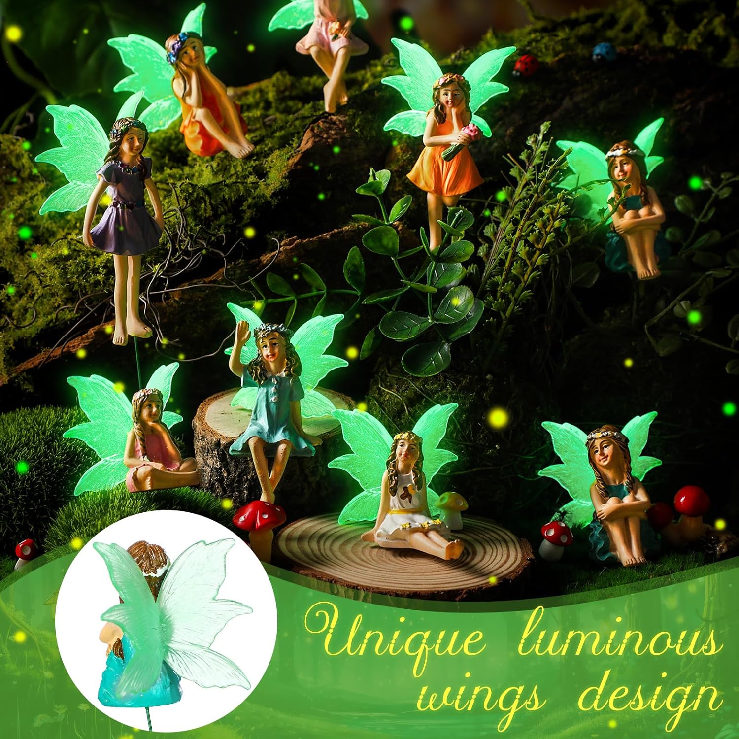 Suzile 11 Pcs Mini Fairies Figurines Miniature Fairy Resin Figurines with Luminous Wings Garden Accessories for Outdoor Yard Pot Plants and Mini Garden Lawn Decorations