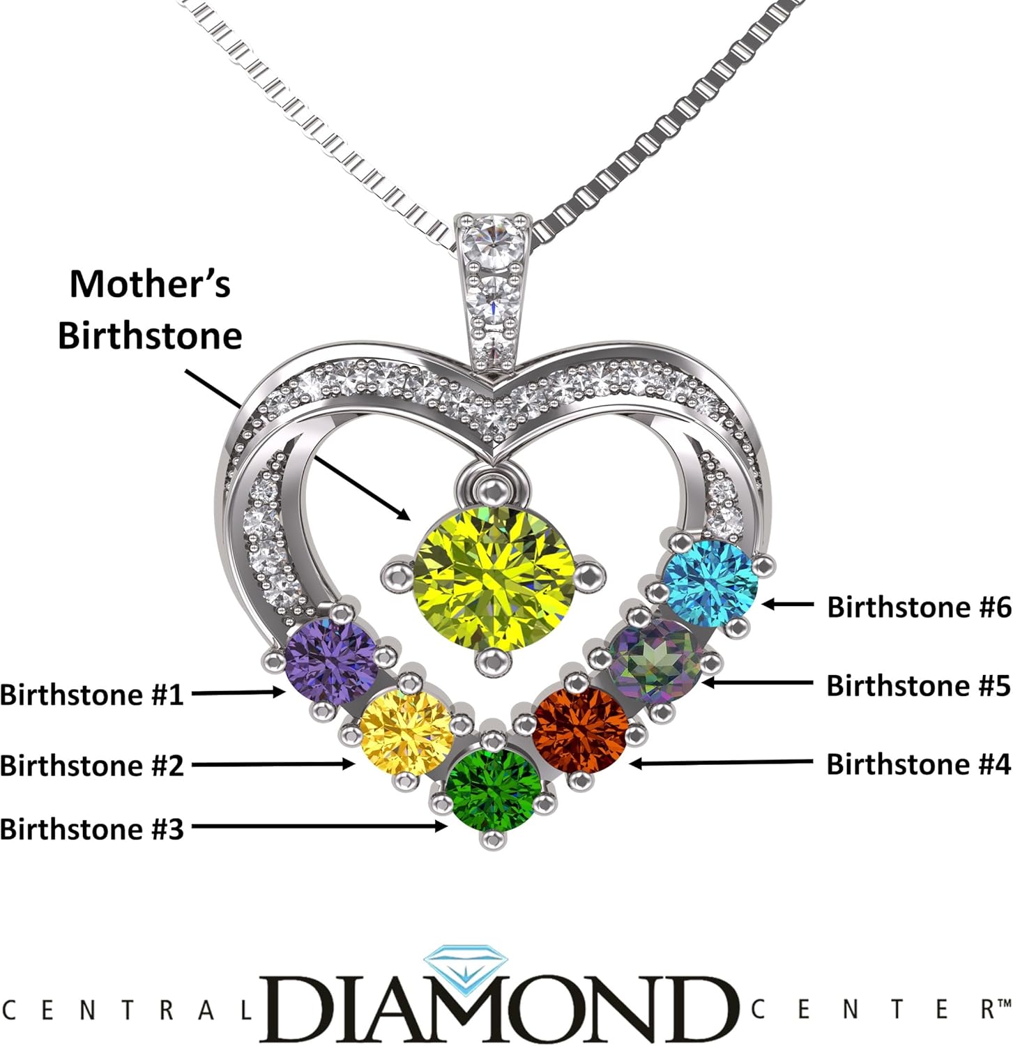 Central Diamond Center Mother & Child Heart Birthstone Necklace w/ 1-6 Simulated Gemstones in Sterling Silver, 10K, or 14K Gold
