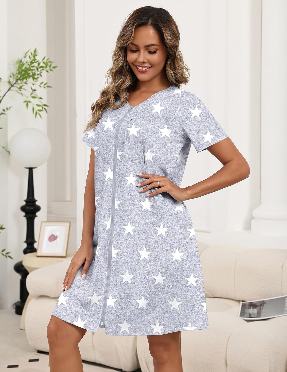 Ekouaer Zipper Robes for Women Short Knit Bathrobes Lightweight Knee Length Housecoat with Pockets Nightgown S-3XL - Image 5