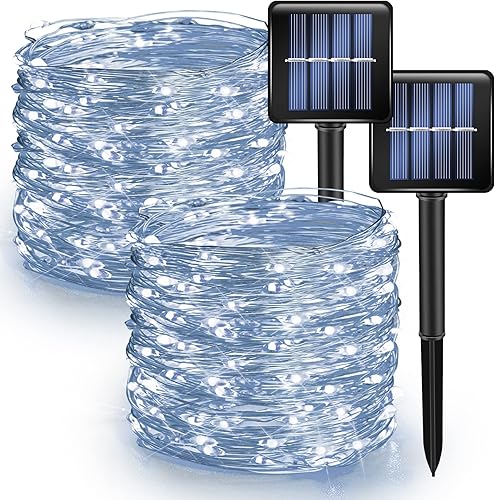 Dazzle Bright Paquete de 2 tiras de luces solares para exteriores, 39.4 pies, 120 luces LED de hadas impermeables alimentadas por energía solar, 8