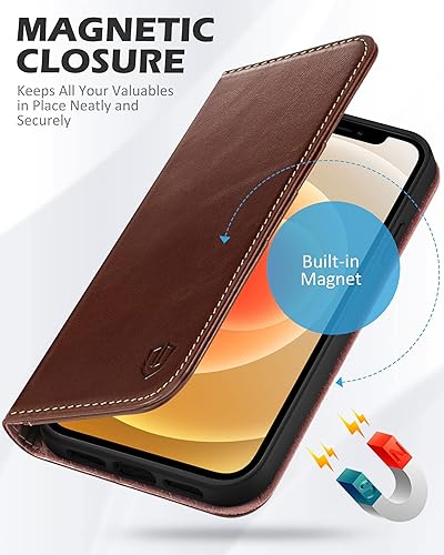 Miniatura 4 de SHIELDON Funda para iPhone 12 de 6.1 pulgadas, funda de cuero genuino con protección magnética para libros, soporte para tarjetas de crédito con