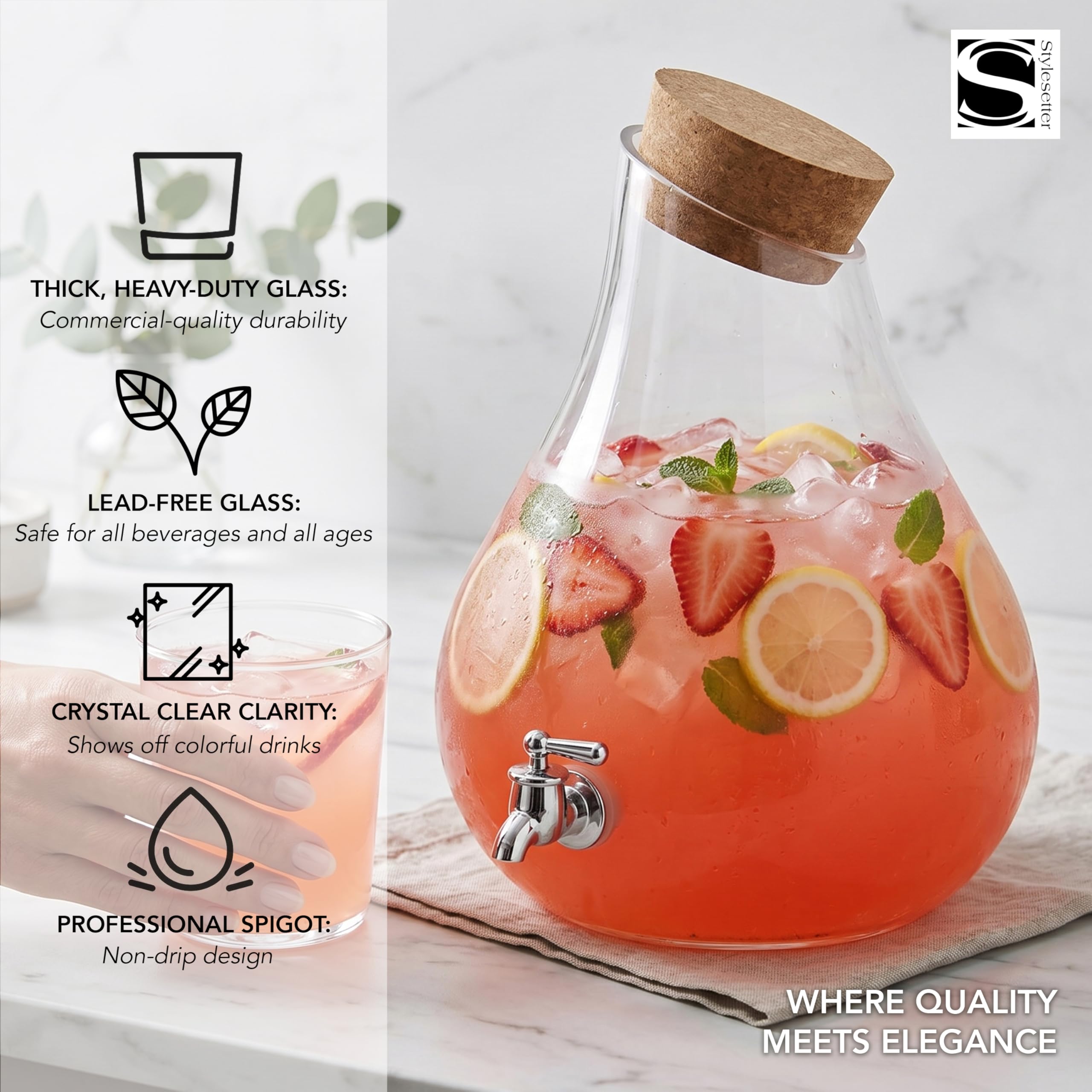Style Setter Dispensador de bebidas frías de alta calidad con jarra de vidrio de capacidad de 2.5 galones, espiga acrílica a prueba de fugas en una hermosa caja de regalo, ideal para fiestas