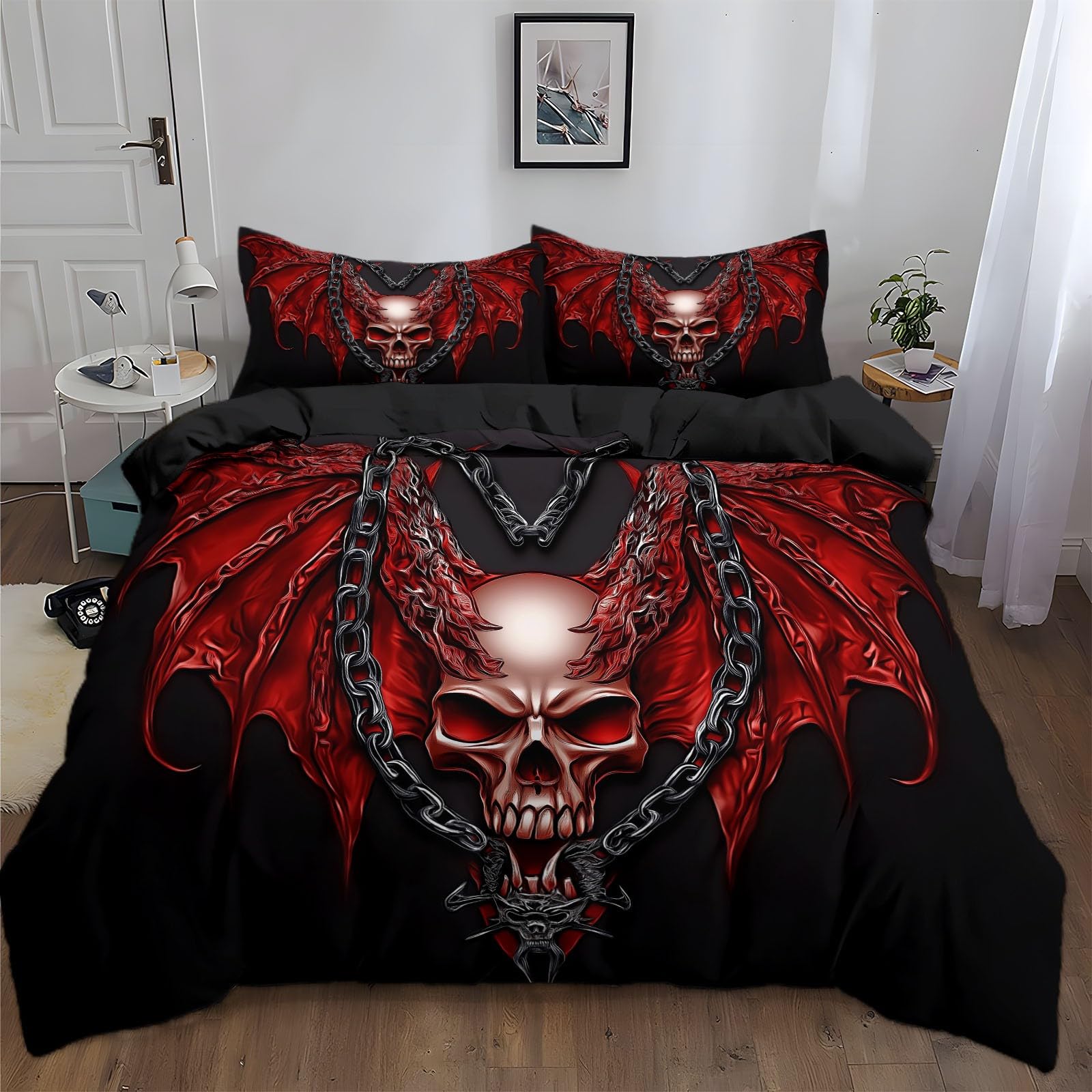Duvet Cover Twin Size Skull Dragon Wings Iron Chain Bedding Duvet Cover Set Room Decor Bedspread Cover Comforter Cover for Kids Teens, Quilt Cover 3D Bedding Set