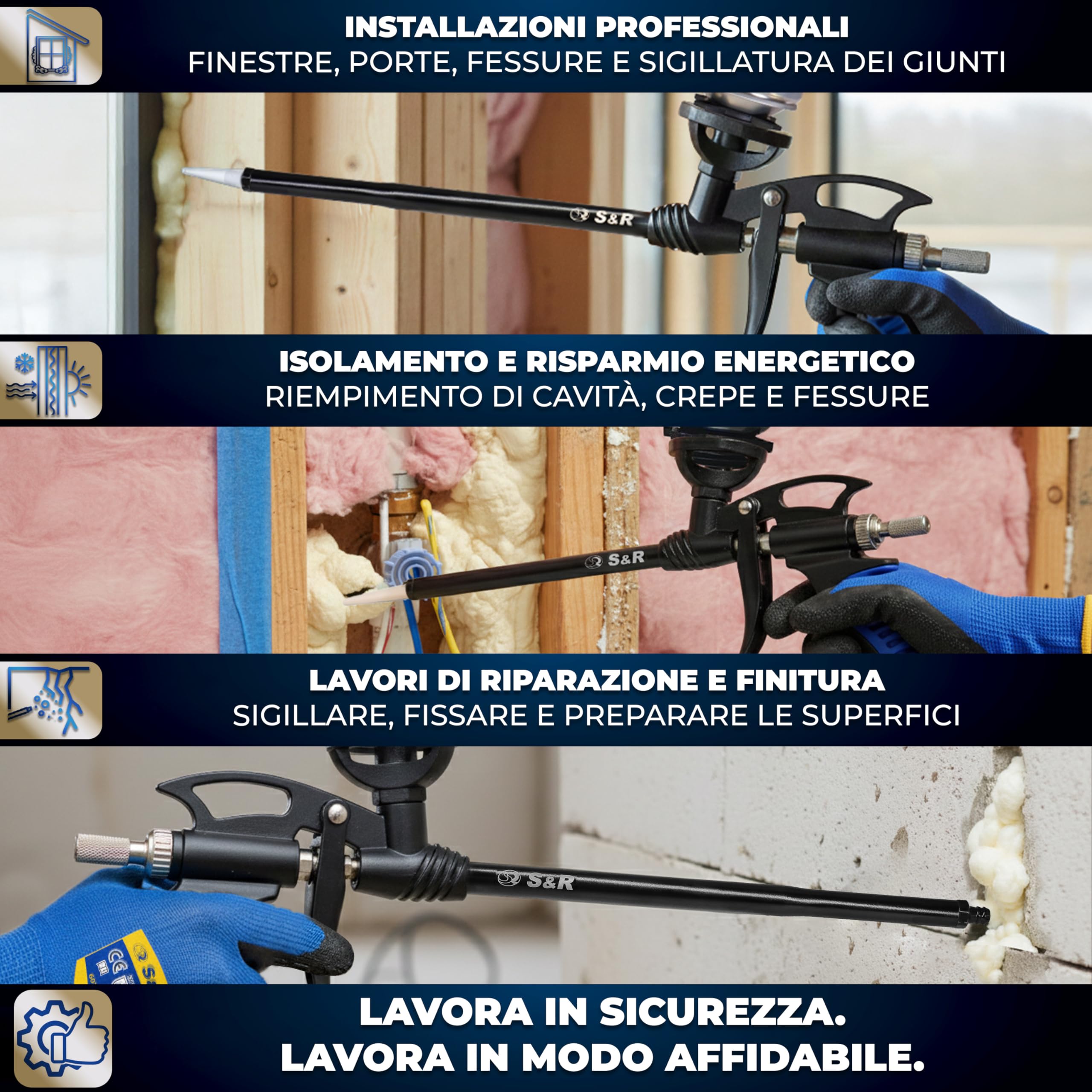 S&R Pistola Schiuma Poliuretanica Professionale PU 345 mm. Pistola per Schiuma Espansa Rivestimento Antiaderente e Ugello Acciaio Inox e Teflon. Foam Gun Dosaggio di Precisione.