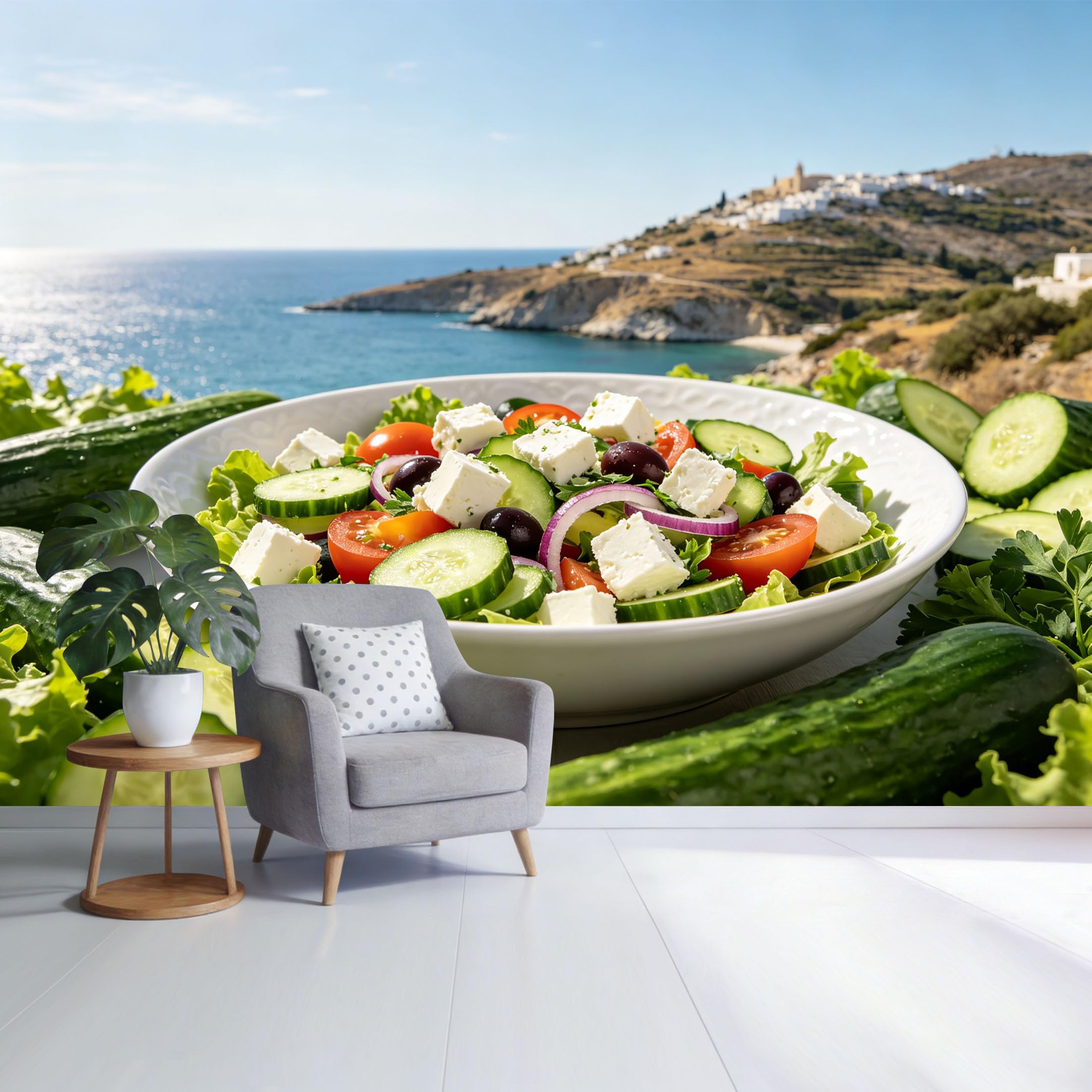 Custom Size Wall Mural Mediterranean Coastal Landscape Fresh Greek Salad with Sea View SelfAdhesive Wall Fabric Removable Wallpaper for Home Office Decor