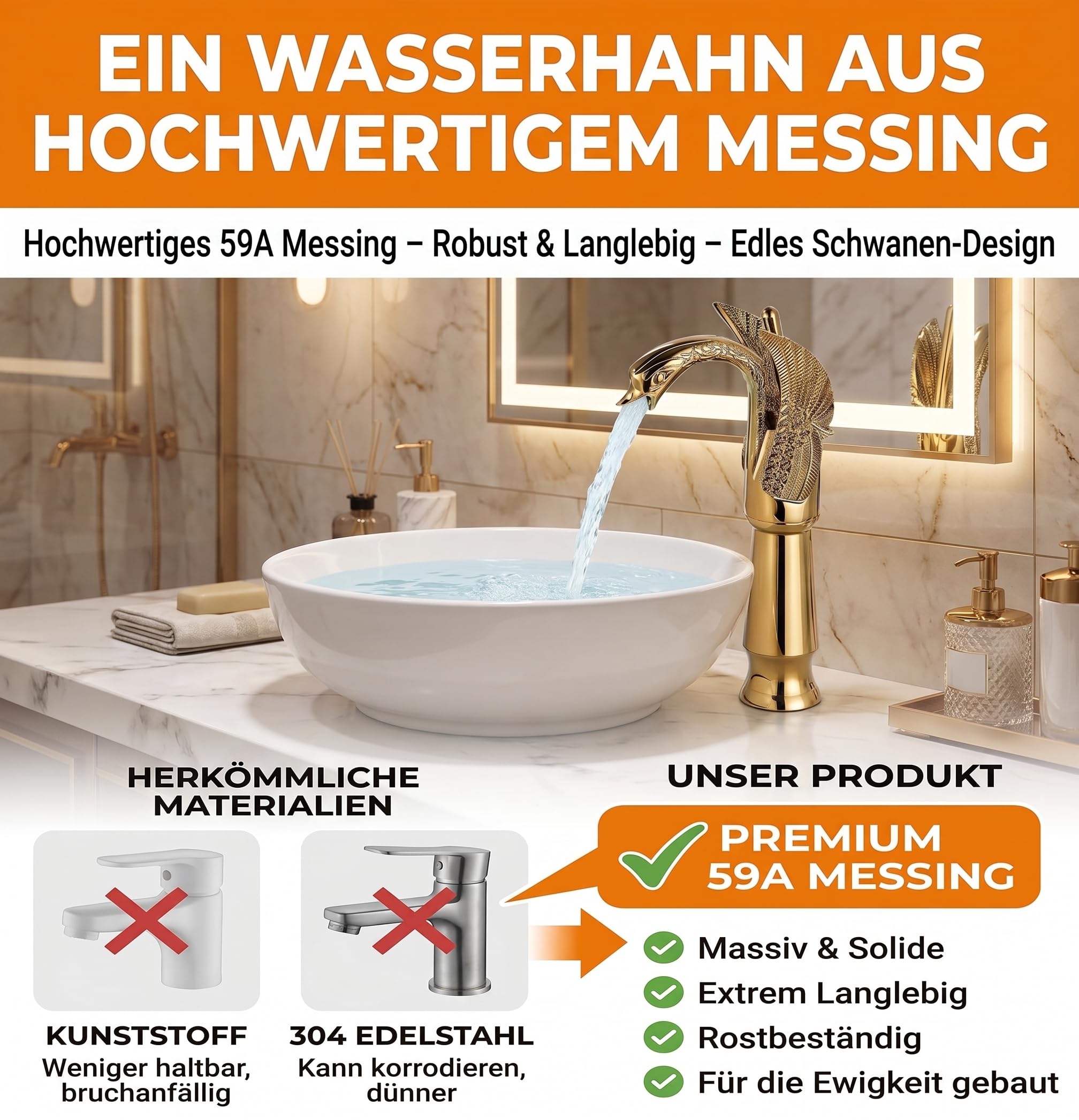 Einzigartiger Schwan Wasserhahn Bad Gold, Hohe Waschtischarmatur für Aufsatzwaschbecken, Retro Vintage Badarmatur Waschbecken, Einhebelmischer Mischbatterie Bad mit G3/8" Anschluss