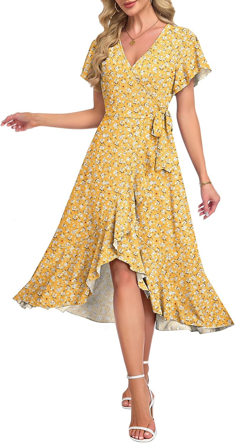 AUSELILY Women Summer Midi Dresses Wrap Short Flutter Sleeve V Neck Boho Slit Flowy Ruffle Dress Wedding Guest Dresses