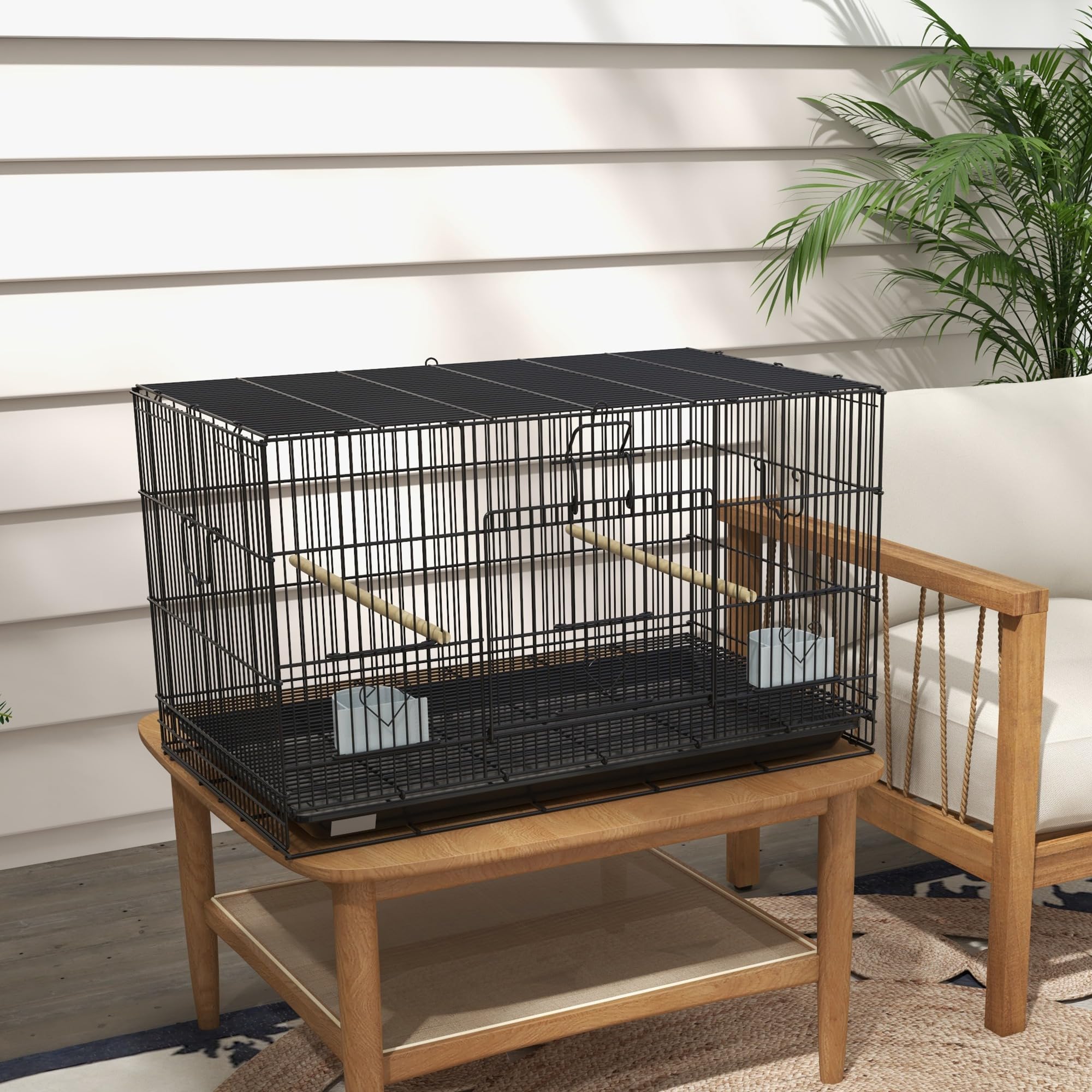 PawHut Jaula para Pájaros 77x46x45 cm Jaula Metálica para Aves con Bandeja Extraíble 2 Perchas 2 Comederos para Periquitos Canarios Negro