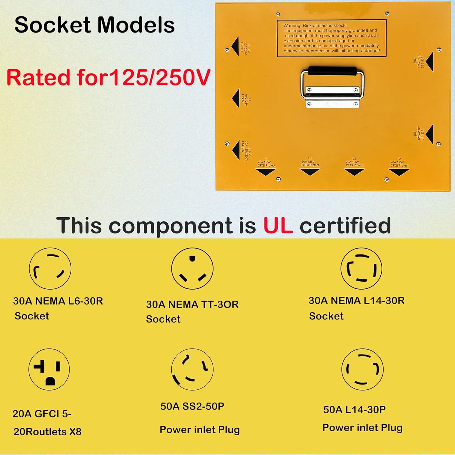 Power Distribution Box 50 Amp/30Amp 125/250V, Temporary Distribution Box Waterproof IP67 with Multiple GFCI Outlets, L14-30P and SS2-50P Inlet, for Industrial and Commercial Use