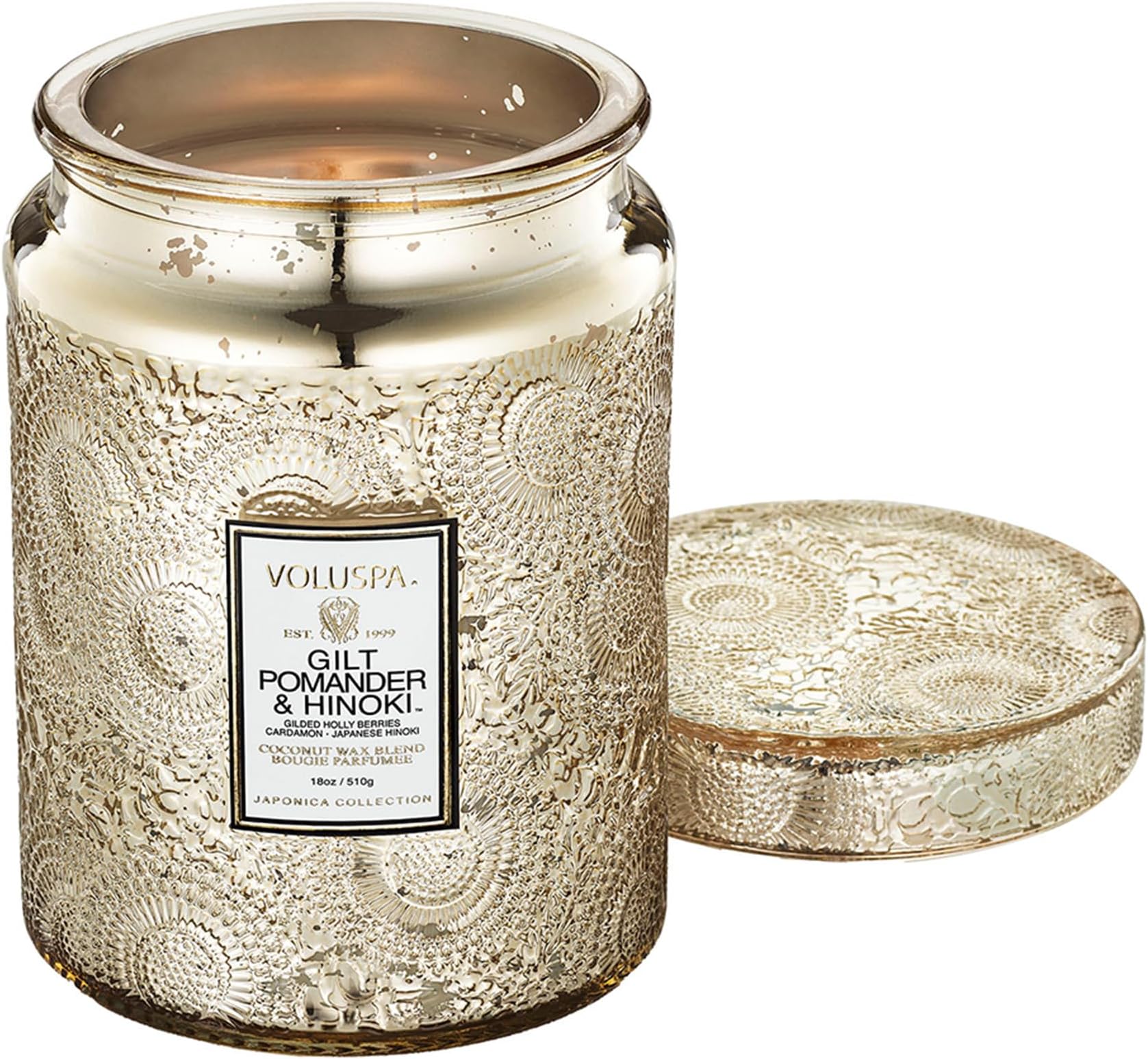 Gilt Pomander Hinoki, Large Candle Jar, 18 oz, 100 Hour Burn Time, Coconut Wax for Clean Burning, Handcrafted in the USA