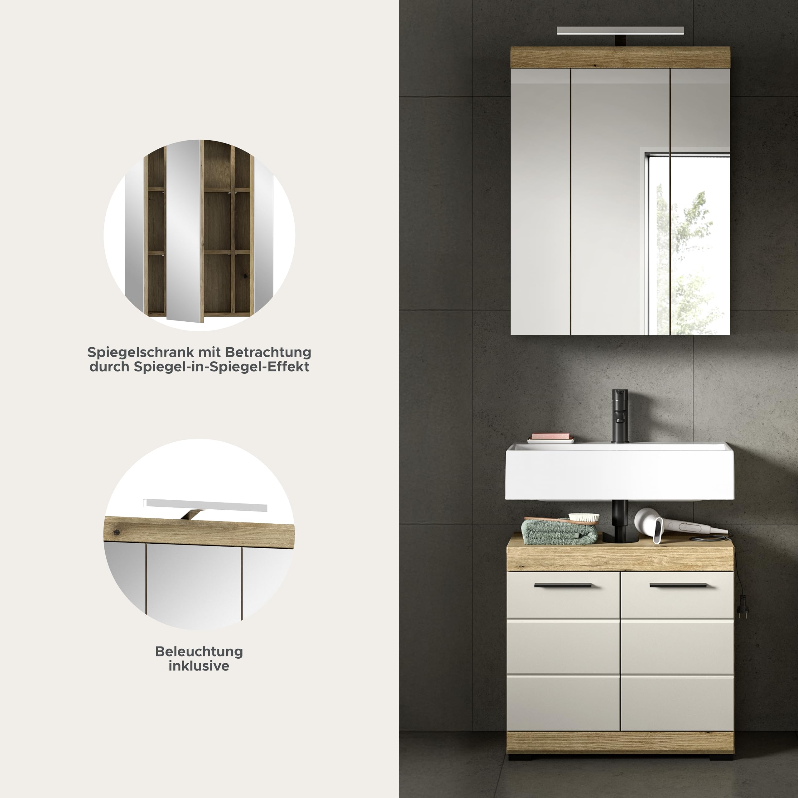 xonox.home – Badkombination Scout 60x191x34 cm in Evoak Oak und Kaschmir Nachbildung matt – Schmale Badkombination mit viel Stauraum – platzsparend – Bild 8