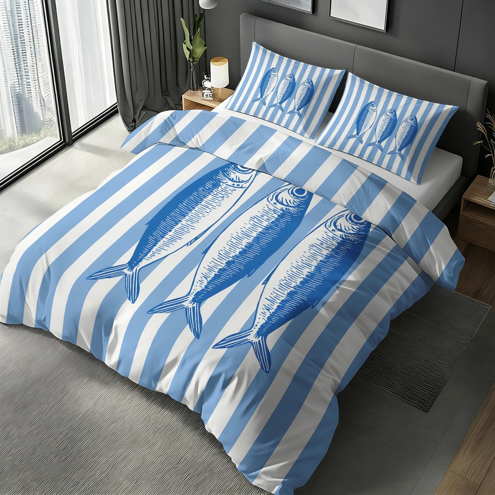 Parure de lit 140x200 en microfibre douce motif poisson marin et rayures
