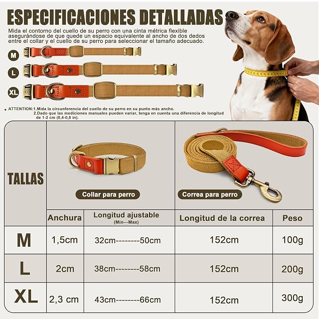 Foto 4 de 6 de Set de Collar y Correa 152cm para Perros L (38-58cm) Nailon (Caqui)