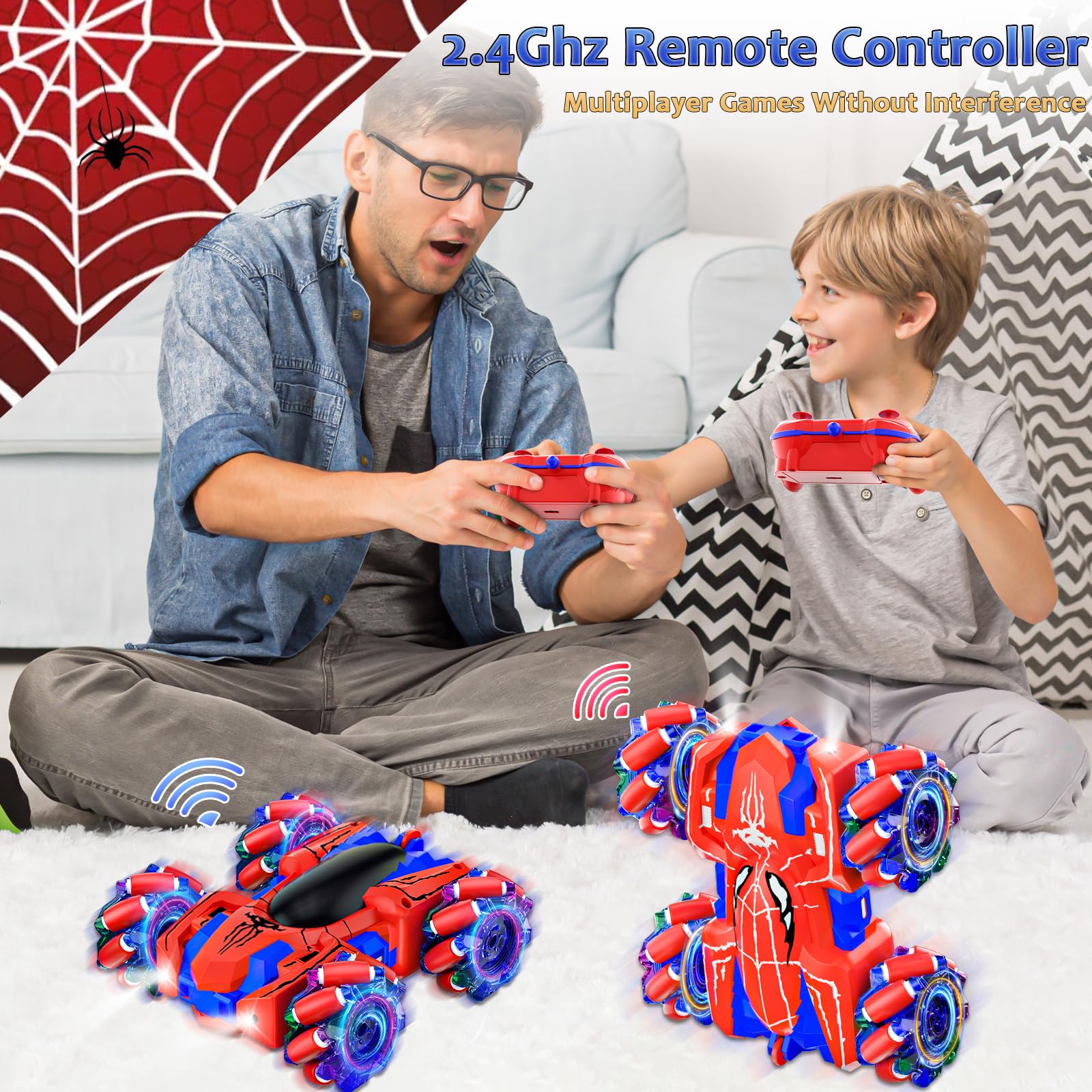 Spider Remote Control Car for Boys, Rechargeable RC Cars Toys with Cool Lights, 2.4Ghz Double Sided Drift RC Stunt Cars, 360°Rotating 4WD Off-Road Race Car for 4-6 6-12 Boy Kids Gifts