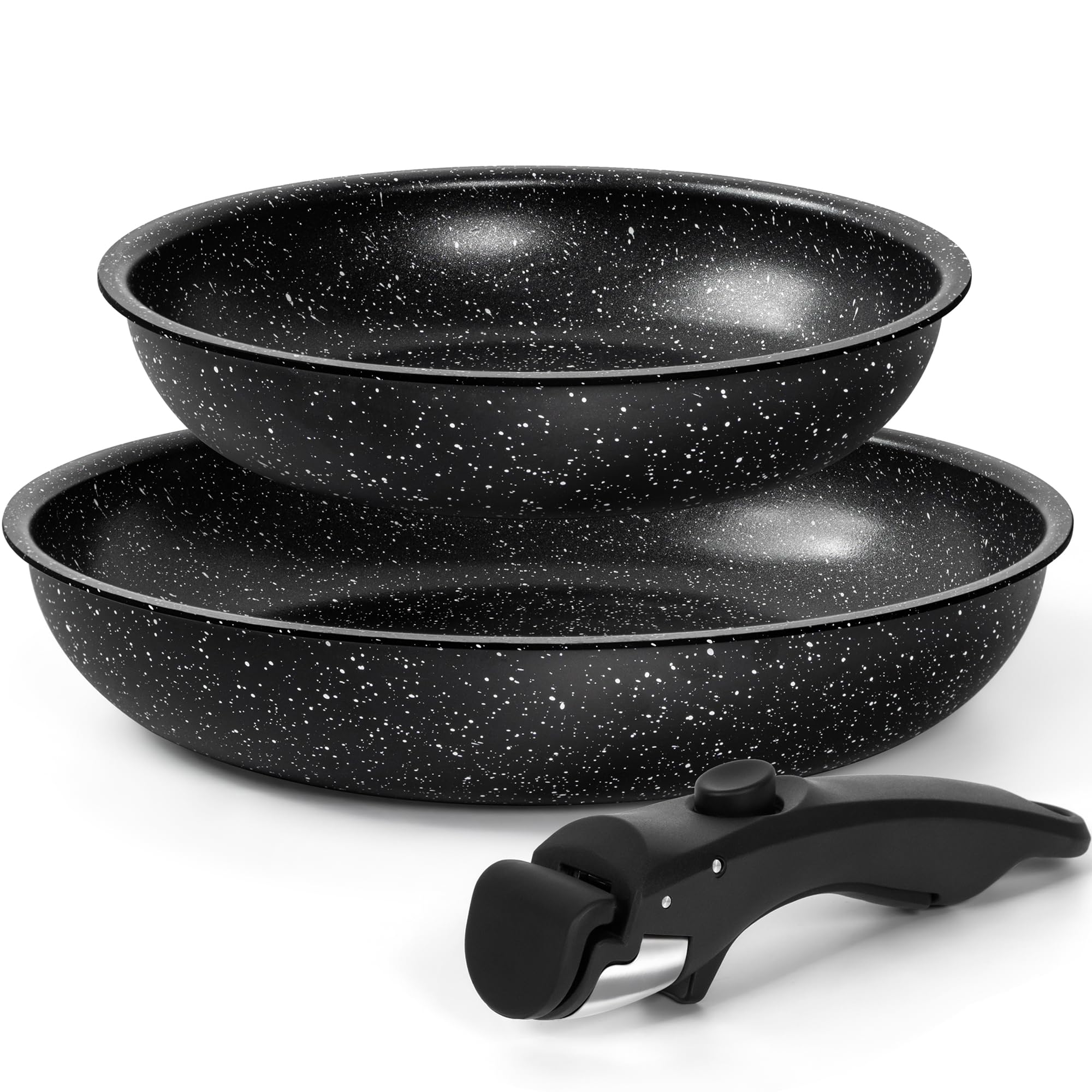 MICHELANGELO Antihaft-Pfannen-Set mit abnehmbarem Griff, 20 cm, 26 cm, Bratpfanne mit abnehmbarem Griff, Granit-Bratpfanne, PFOA-frei, ofenfest, Schwarz