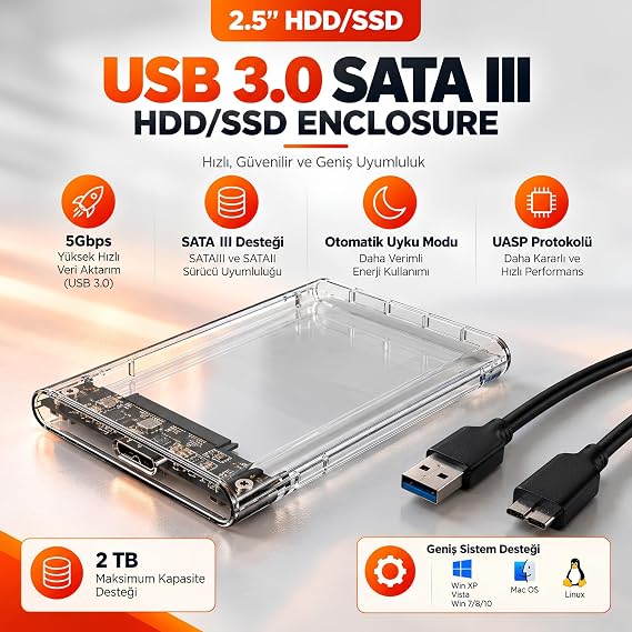 2.5 İnç HDD/SSD Şeffaf Disk Kutusu, USB 3.0, UASP Destekli ED-15