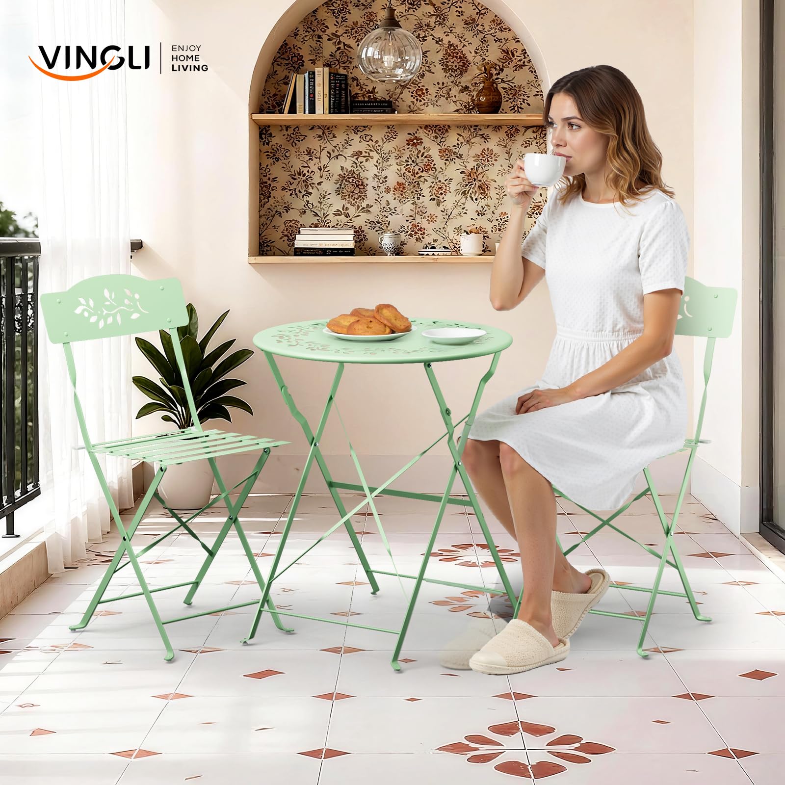 VINGLI Set Bistrò Pieghevole, Tavolino da Balcone con 2 Seide, Tavolo e Sedie da Esterno, Balcone e Terrazza (Verde Chiaro, Modello Traforato, Senza Cuscino)
