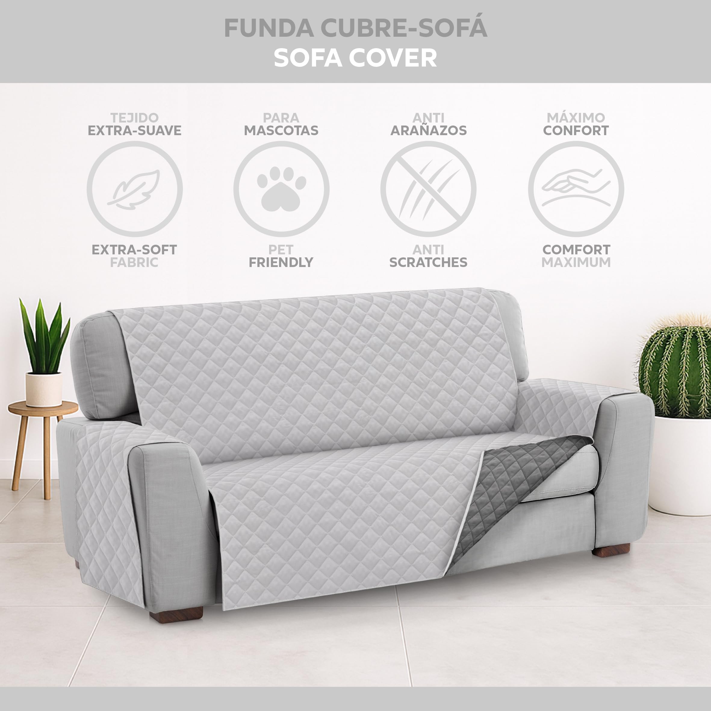 Textilhome Copridivano Malu 4 Posti (200cm) – Salvadivano Trapuntato Reversibile Universale, Protezione Antigraffio, Fodera Imbottita per Divano, Colore Grigio Chiaro