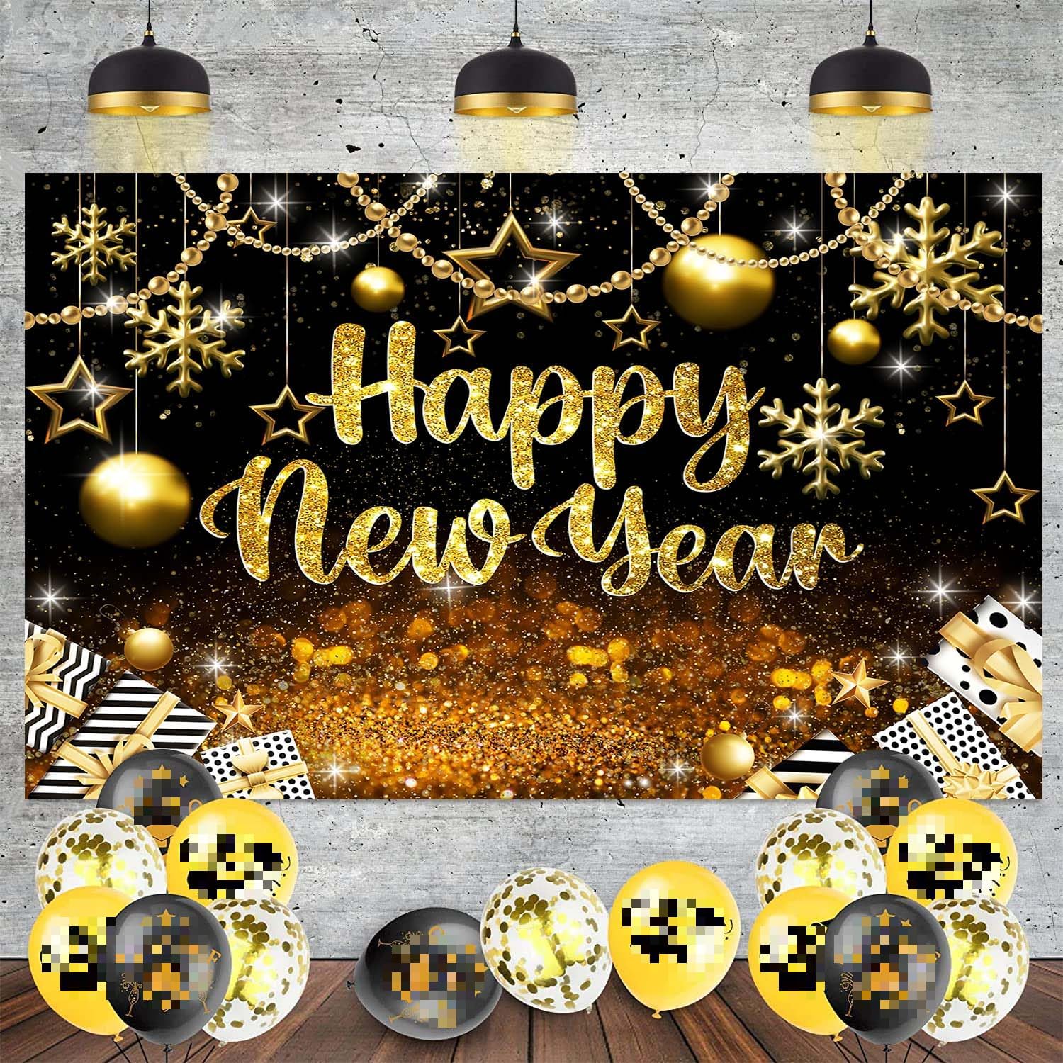 2025 Black and Gold Happy New Year Backdrop 7x5FT Glitter Bokeh Gift Snowflake 2025 Countdown Photography Background New Year Party Decoration Photo Studio Props (84×60 inch)