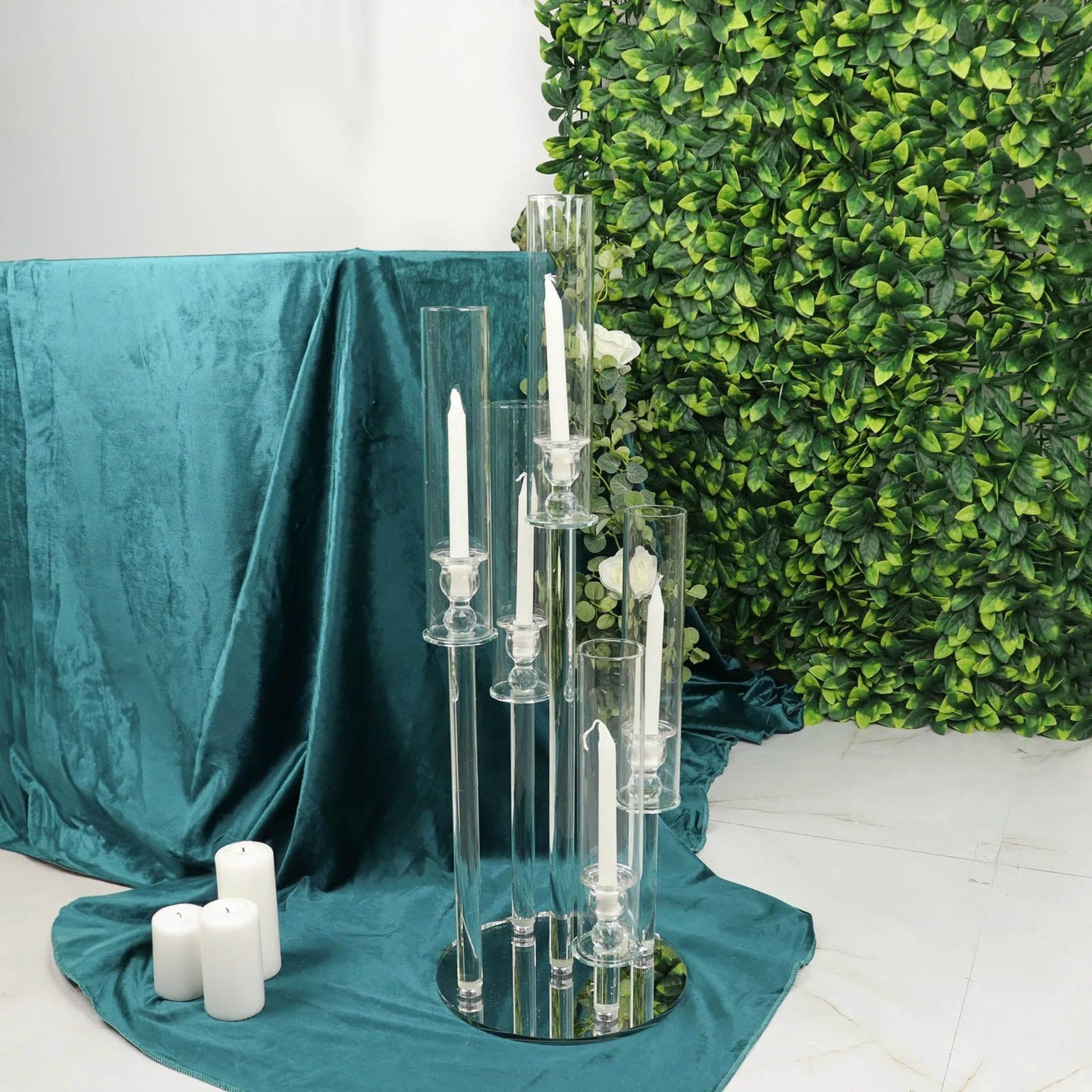 32 in Clear 5 Arm Round Crystal Glass Candelabra Taper Candle Holder Wedding Party Reception Home Decorations Supplies