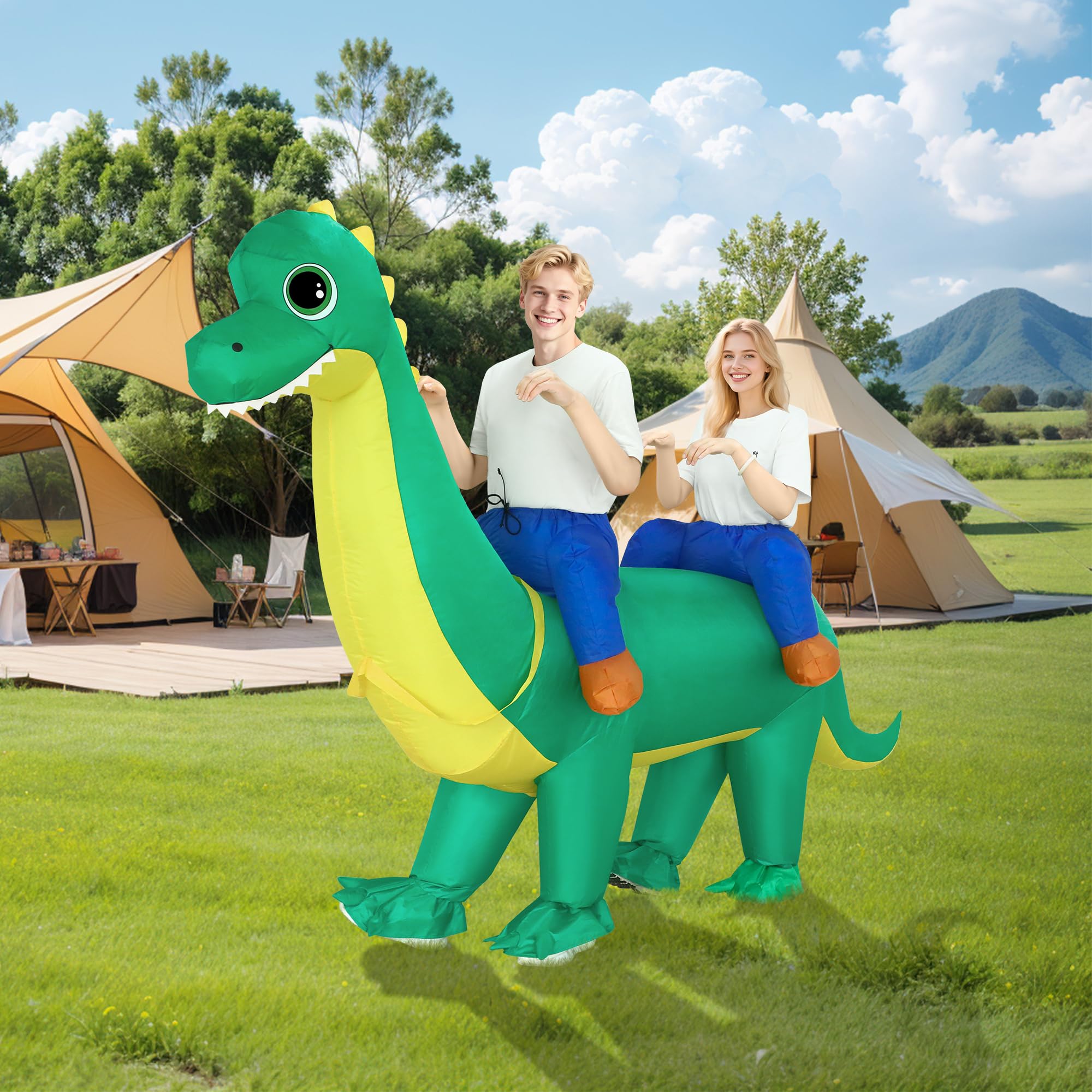 Disfraz Poptrend inflable de dinosaurio para pareja de adultos, disfraces hinchables de Halloween de 2 personas, graciosos disfraces de Brachiosaurus para montar, para hombres y mujeres, divertidos