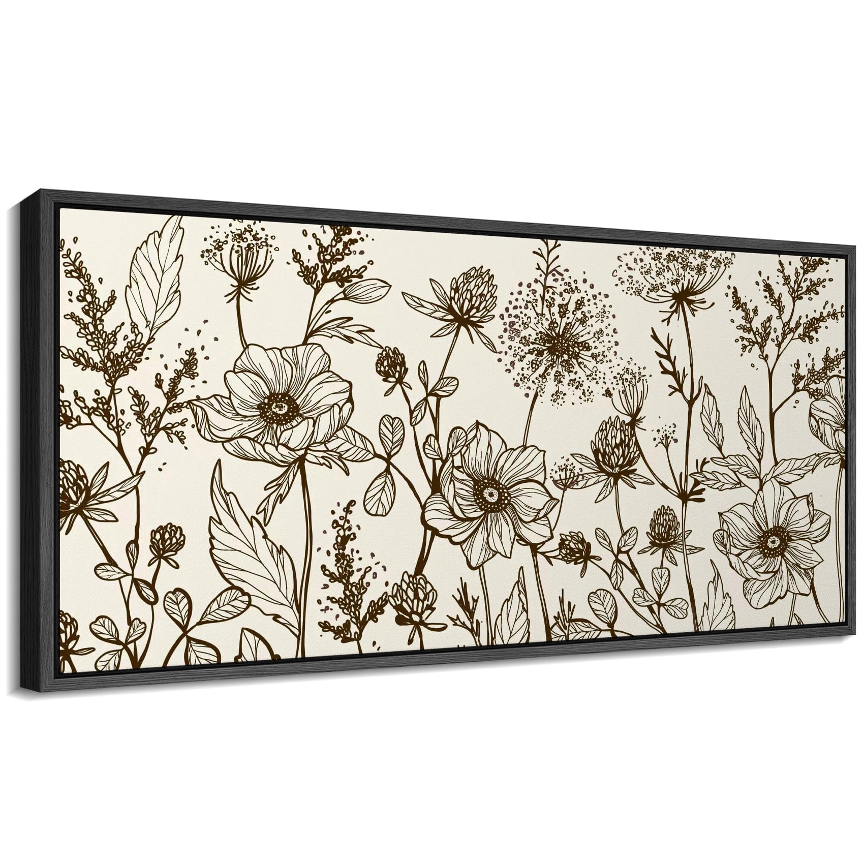 signford extra large framed canvas print wall art botanical line art floral sketch illustrations modern art calm warm for living room, bedroom, office - 60"x20" black
