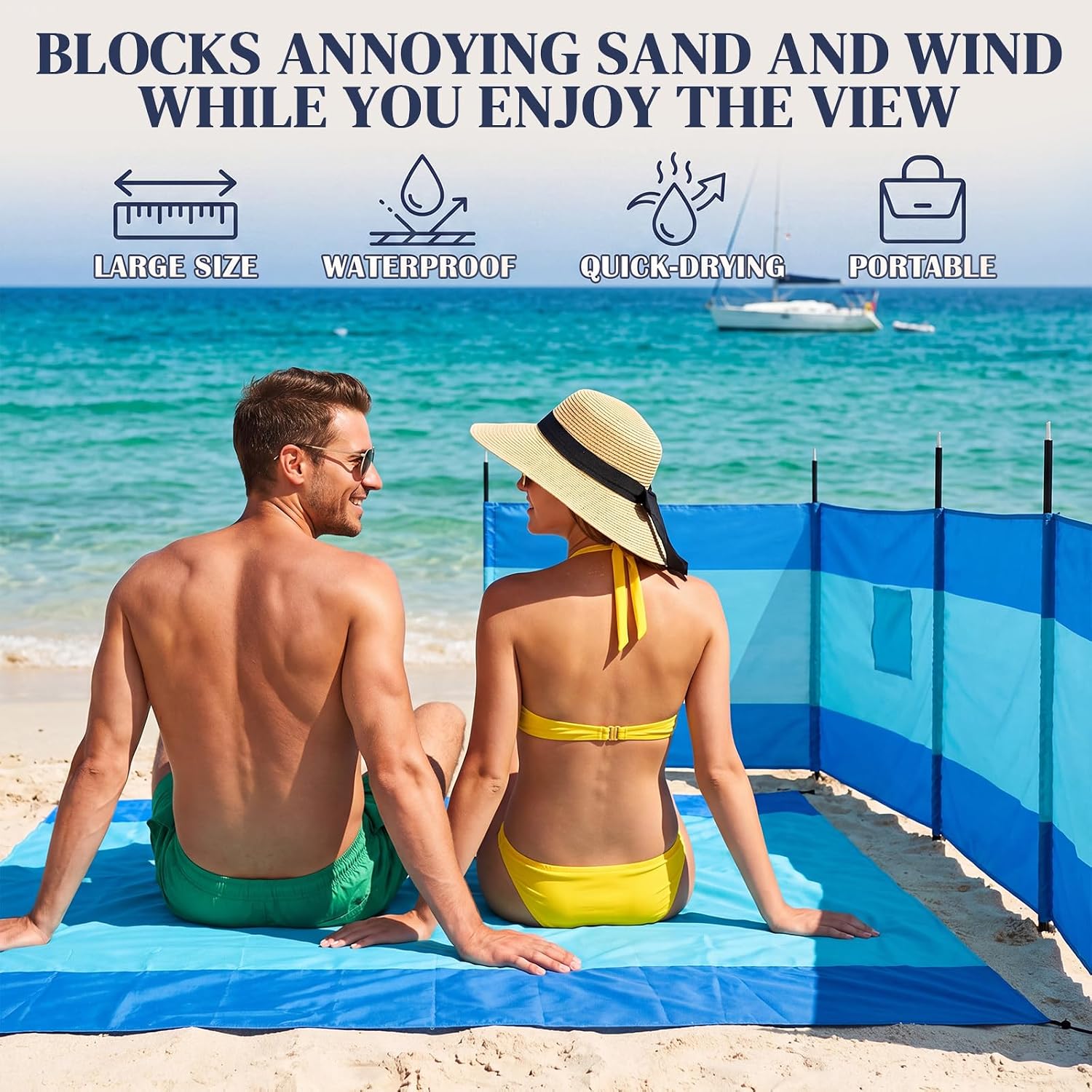 Remagr 20 ft Beach Windscreen with 7 x 6.5 ft Beach Blanket Set, Waterproof Sandproof Privacy Wind Blocker Screen, Fast Drying Large Mat for Outdoor Camping Picnic Sun Sand Wind Protection