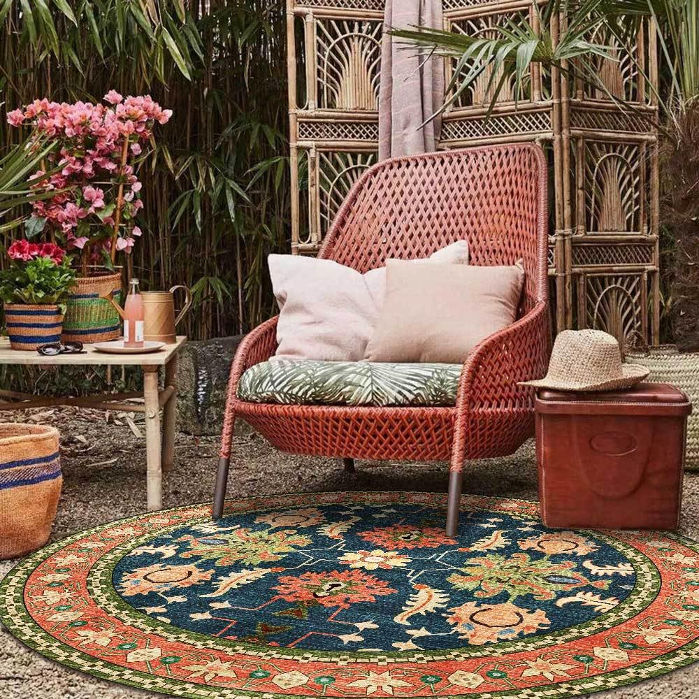 Grand tapis rond ethnique bleu vert pour réchauffer l'ambiance du salon
