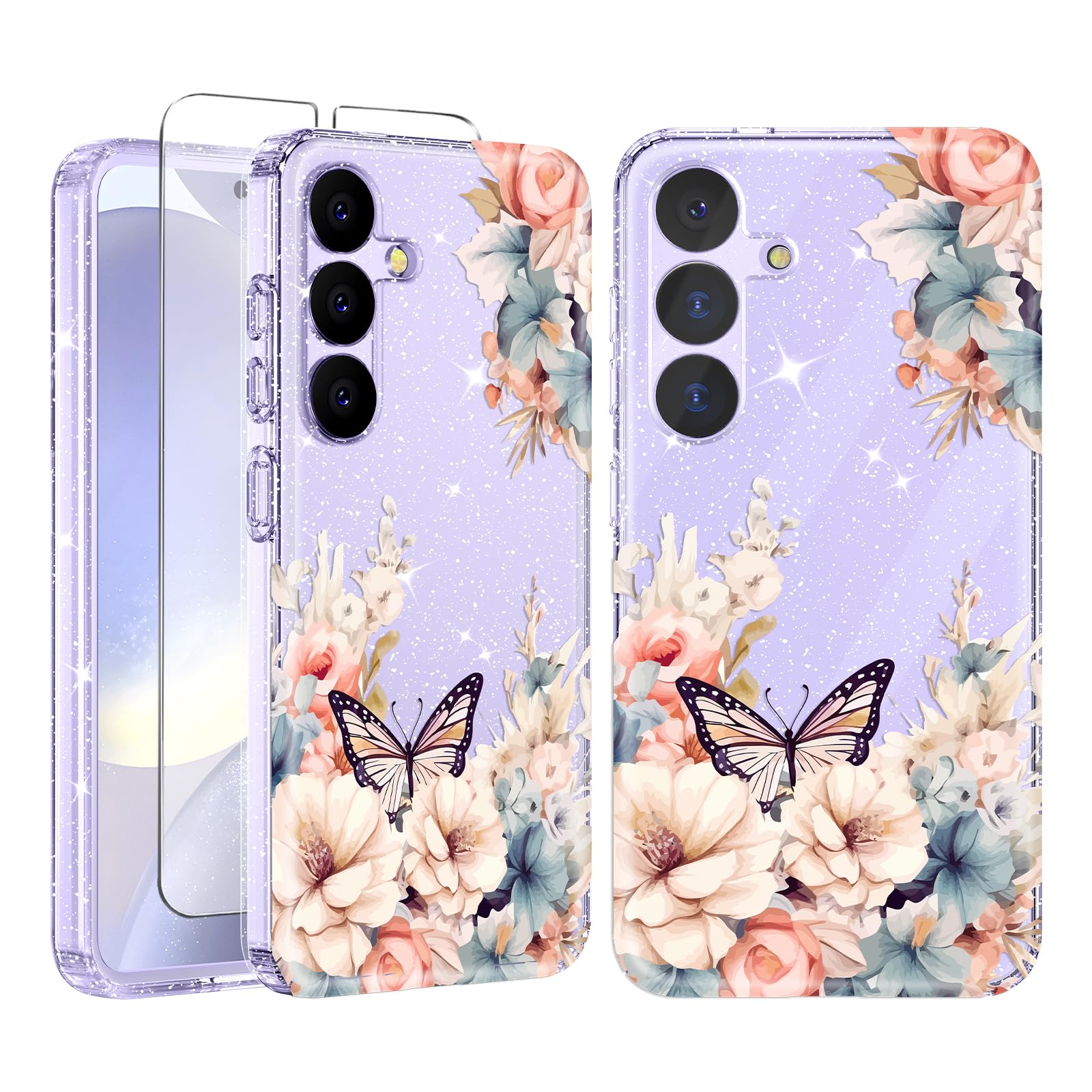 Ratcase for Samsung Galaxy S25 Case Floral, with Screen Protector [Full Camera Protection] [Drop Protection] Glitter Slim Flower Women Phone Case for Galaxy S25 6.2"