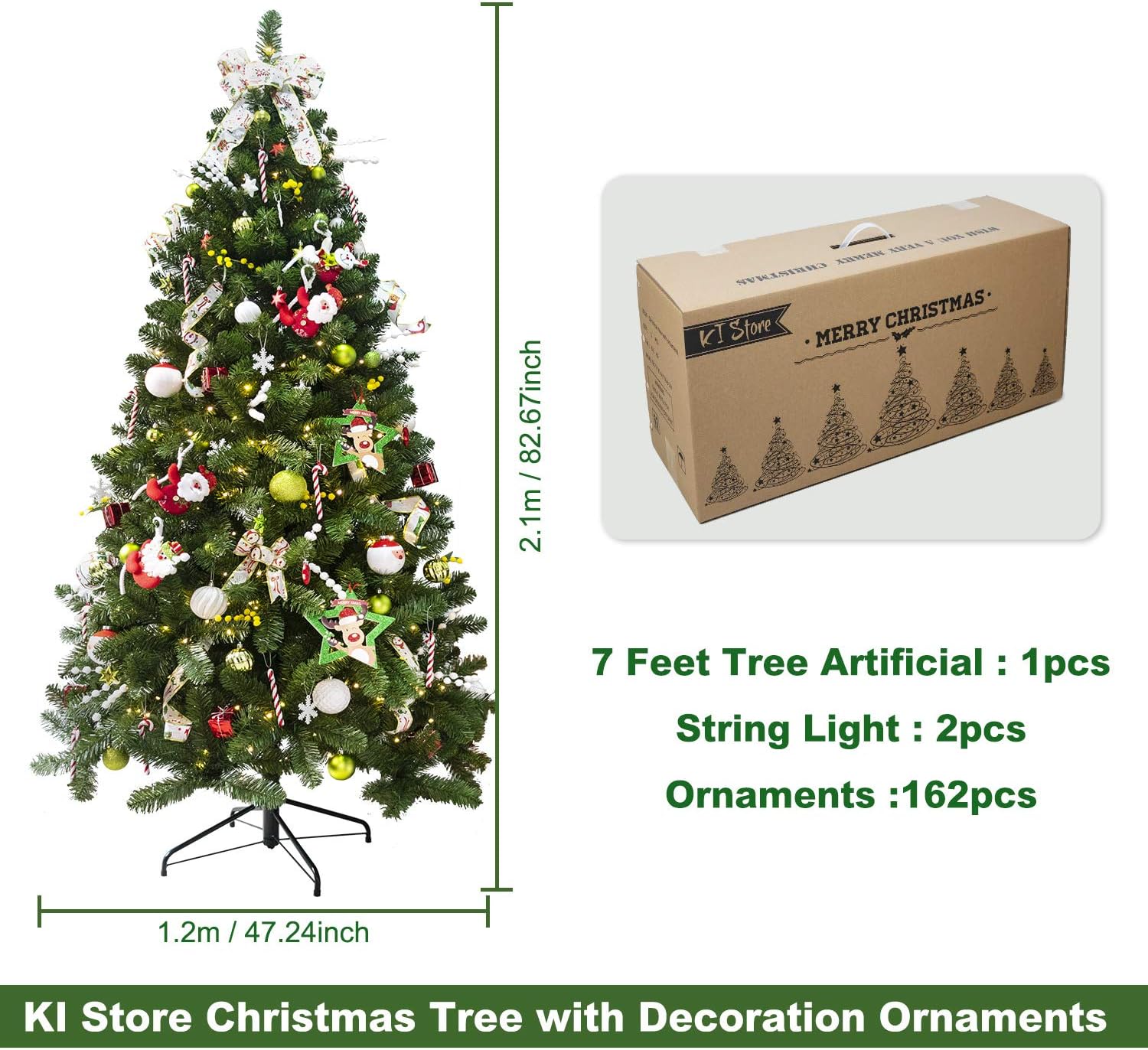 KI Store Artificial Christmas Tree with Decoration Ornaments Cute Santa’s Suit Christmas Decorations Including 7 Feet Full Christmas Tree, 162pcs Ornaments, 2pcs 59ft USB Mini LED String Lights