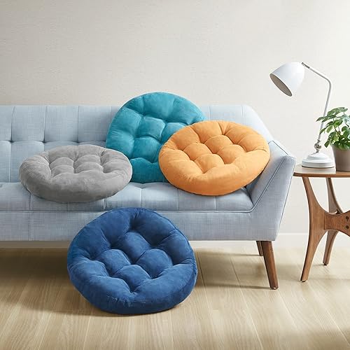 Miniatura 7 de Juego de 2 almohadas redondas grandes para adultos, cojines de piso de pana copetuda para sala de estar, tatami, amarillo naranja y amarillo, 22