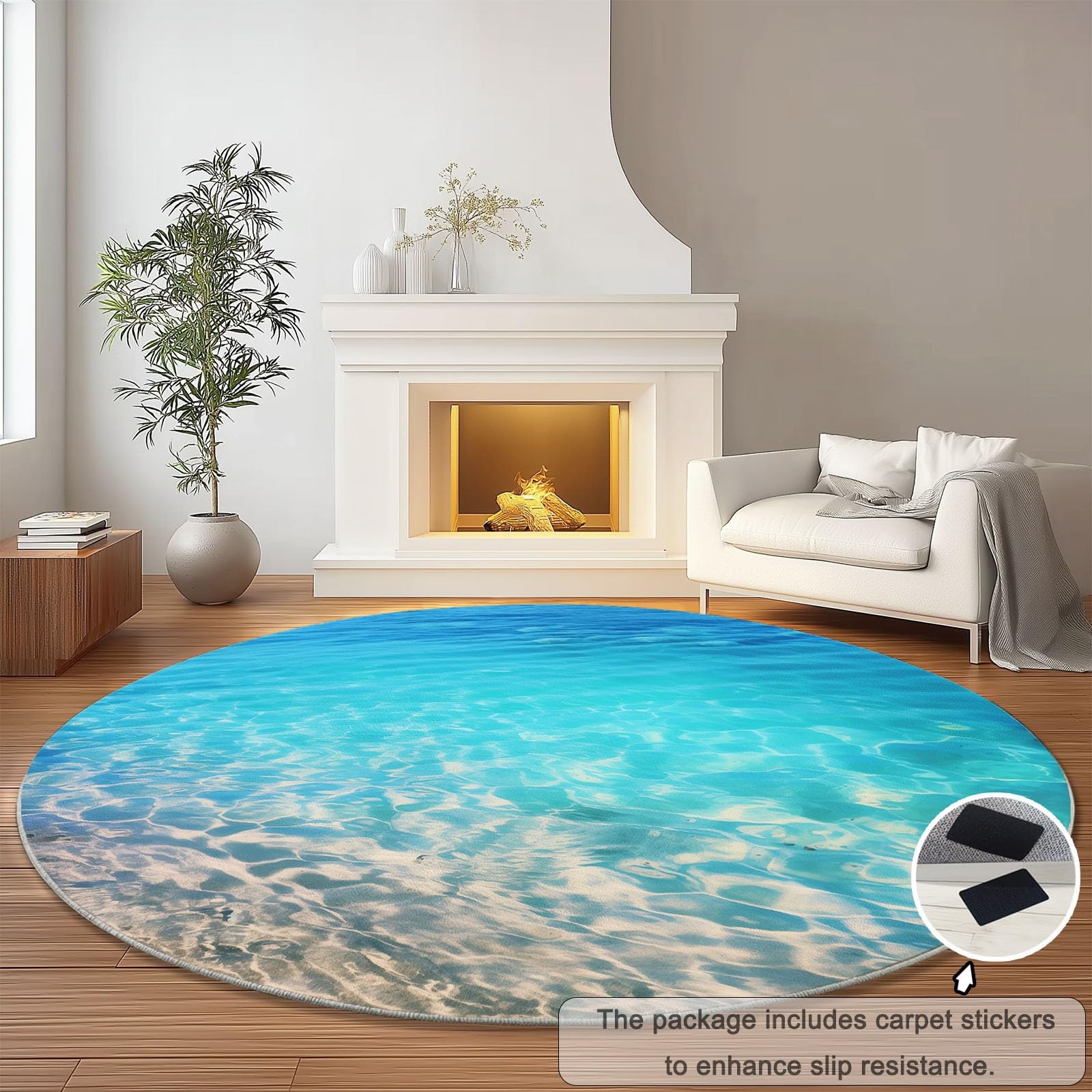Generico Tappeto Rotondo Salotto Costiero Spiaggia Mare Tema, 120 cm Tappeto Camera da Letto Rotondo Grande Pelo Corto, Antiscivolo Tappeti Rotondi per Bambini Camera, Azzurro