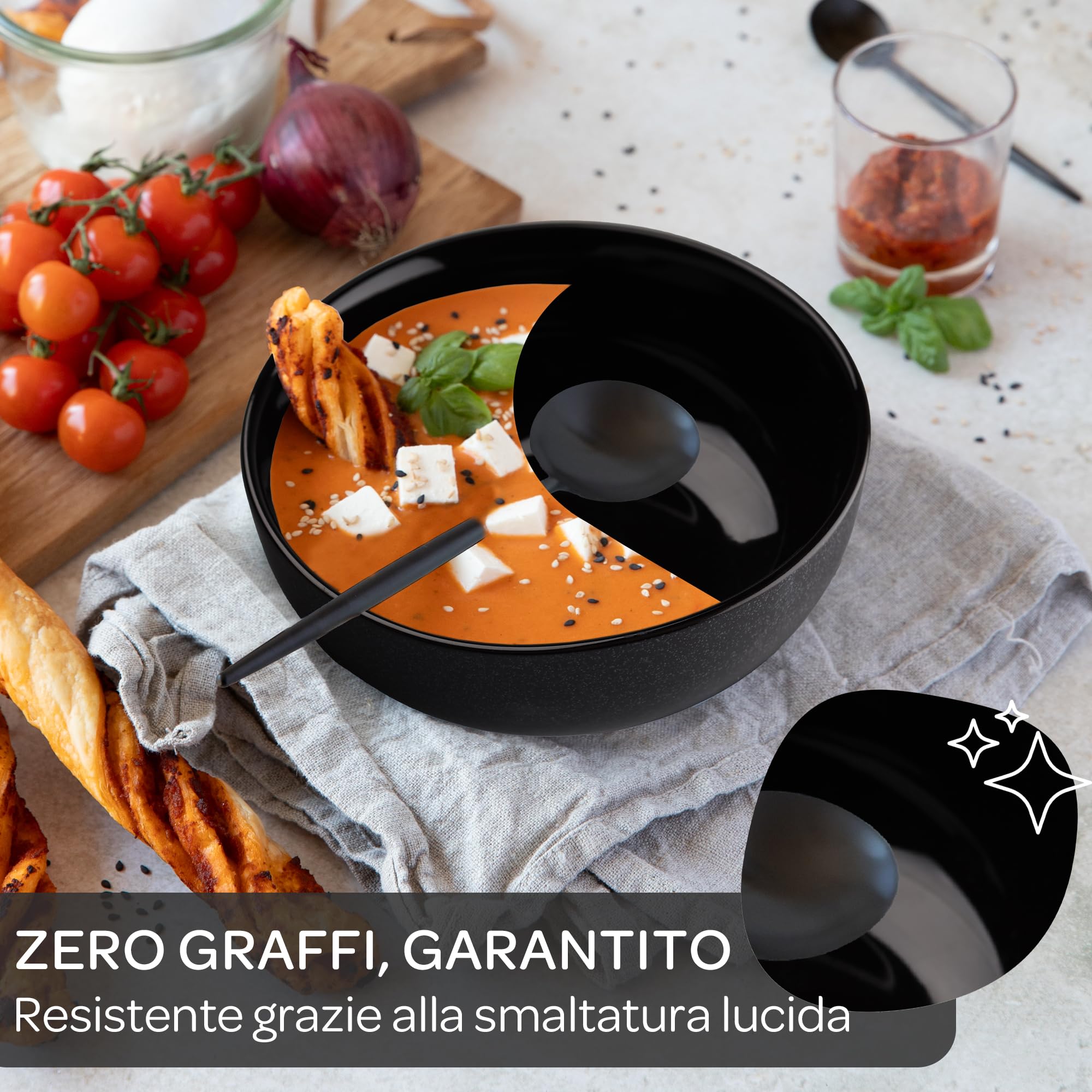 Steinzeit Ciotola Cucina Design (6x750ml, nero) - Insalatiera Ceramica per zuppa extra large - Ciotole colazione lavabile in lavastoviglie - Bowl - Ciotola per cereali - Insalatiera in ceramica