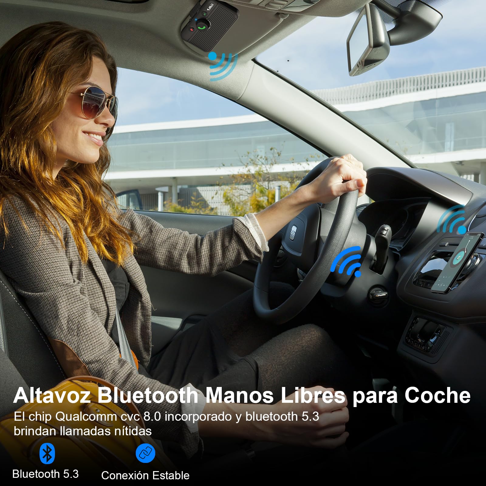 1Mii Manos Libres para Coche Bluetooth 5.3 con Siri y Google Assistant, Kit de Altavoz de 3W Inalámbrico para Llamadas, GPS, Conexión Dual Automática