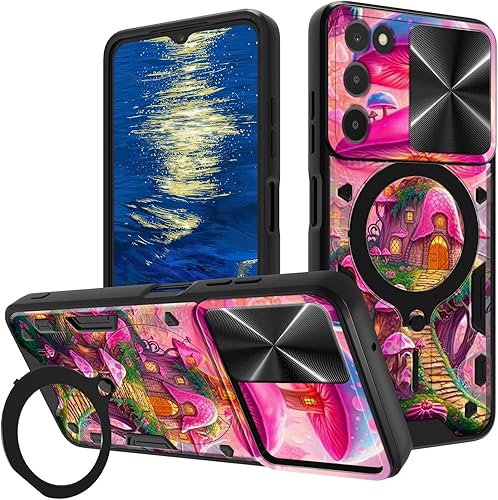 Vista 391 de Funda para Samsung Galaxy A13 5G con cubierta deslizante para lente de cámara y anillo giratorio de 360 grados, soporte híbrido de doble capa Flores