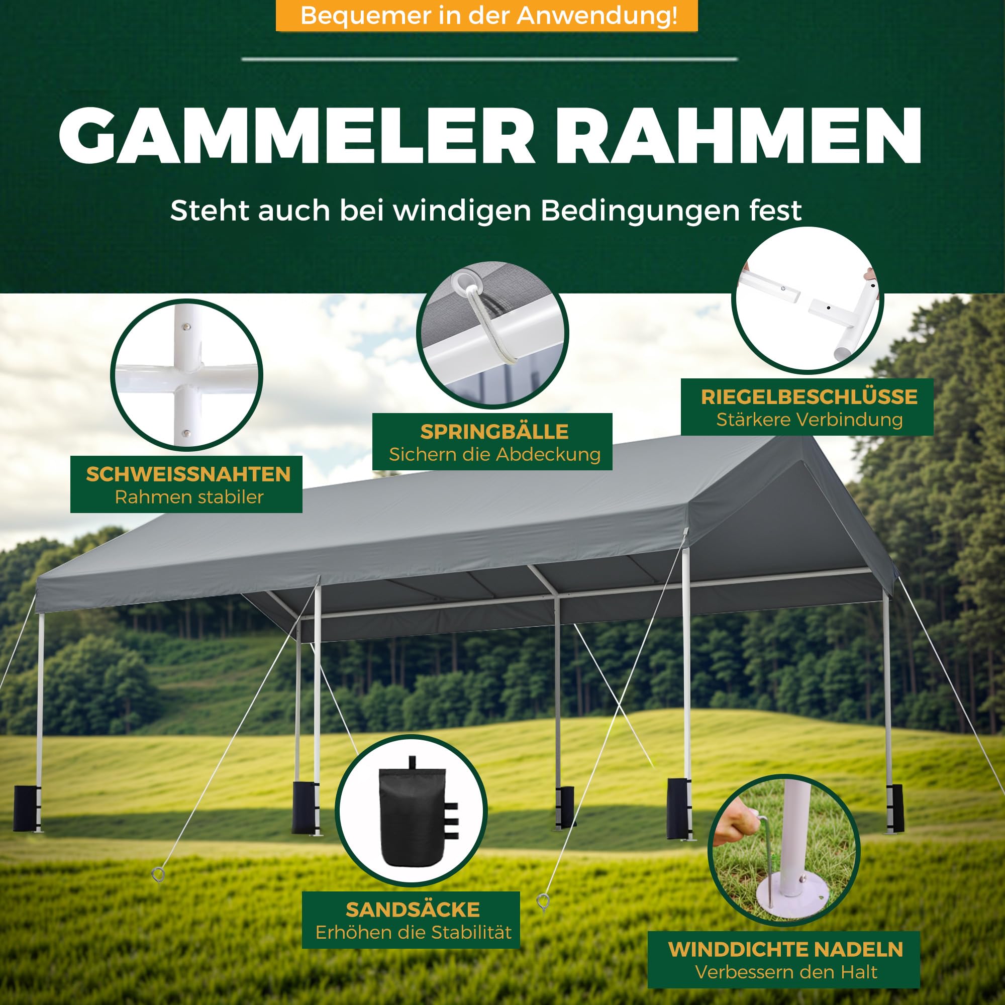 Carport 3x6 m Zeltgarage Carport mit Dach, UV-beständig wasserdicht Garagenzelt Unterstand Lagerzelt Weidezelt Garagenüberdachung für Auto, SUV, LKW, Boot, Auto Garage Zelt für Garten Party