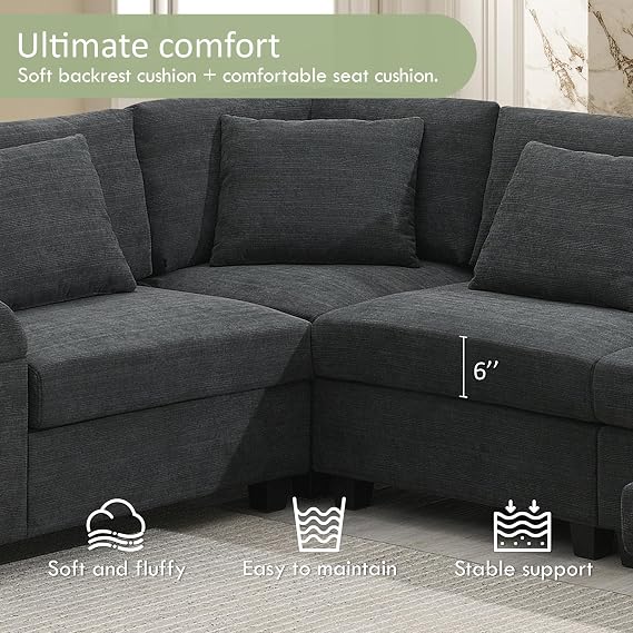 128 U Shaped Sectional Sofa,6 Seat Modular Sectional Sofa Chenille Couch | Hidden Armrest Storage and Cup Holders,USB Charging Ports,Wide Seat Sofa for Living Room,Apartment Cup Holders