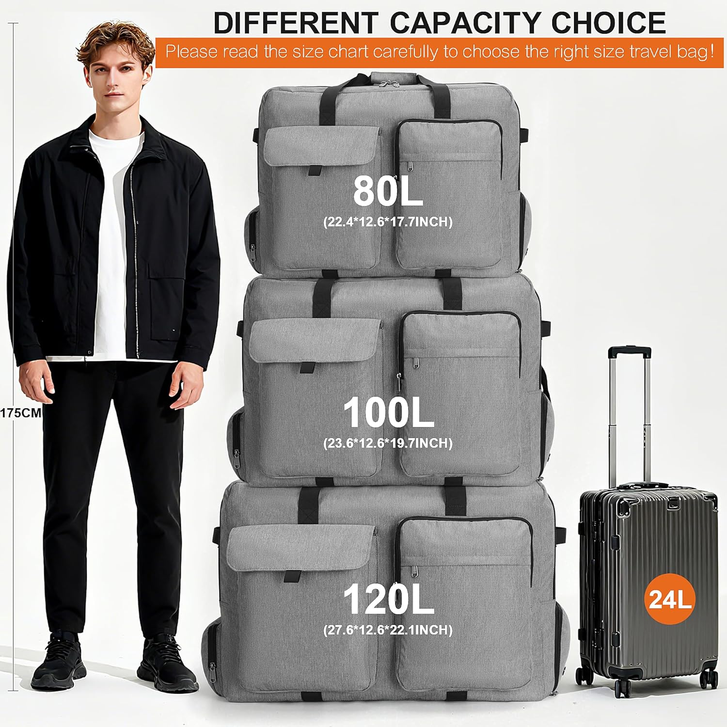 Large Travel Duffle Bag for Men Women, 80L 100L 120L Foldable Waterproof Duffle Bag, Packable Bag with Shoes Compartment for Overnight Gym Weekender Bag (Gray, 80L) - Image 2