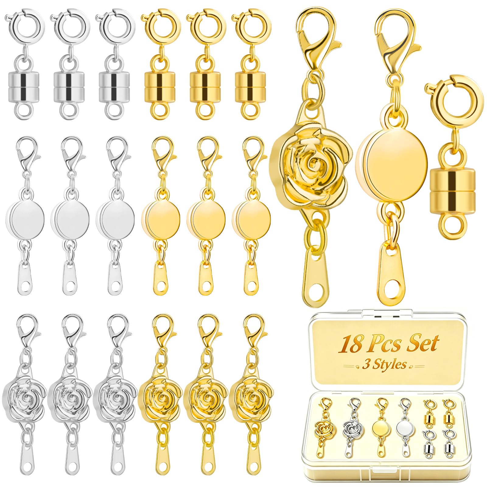 18 Pcs 3 Styles Magnetic Necklace Clasps and Closures, Rose Round