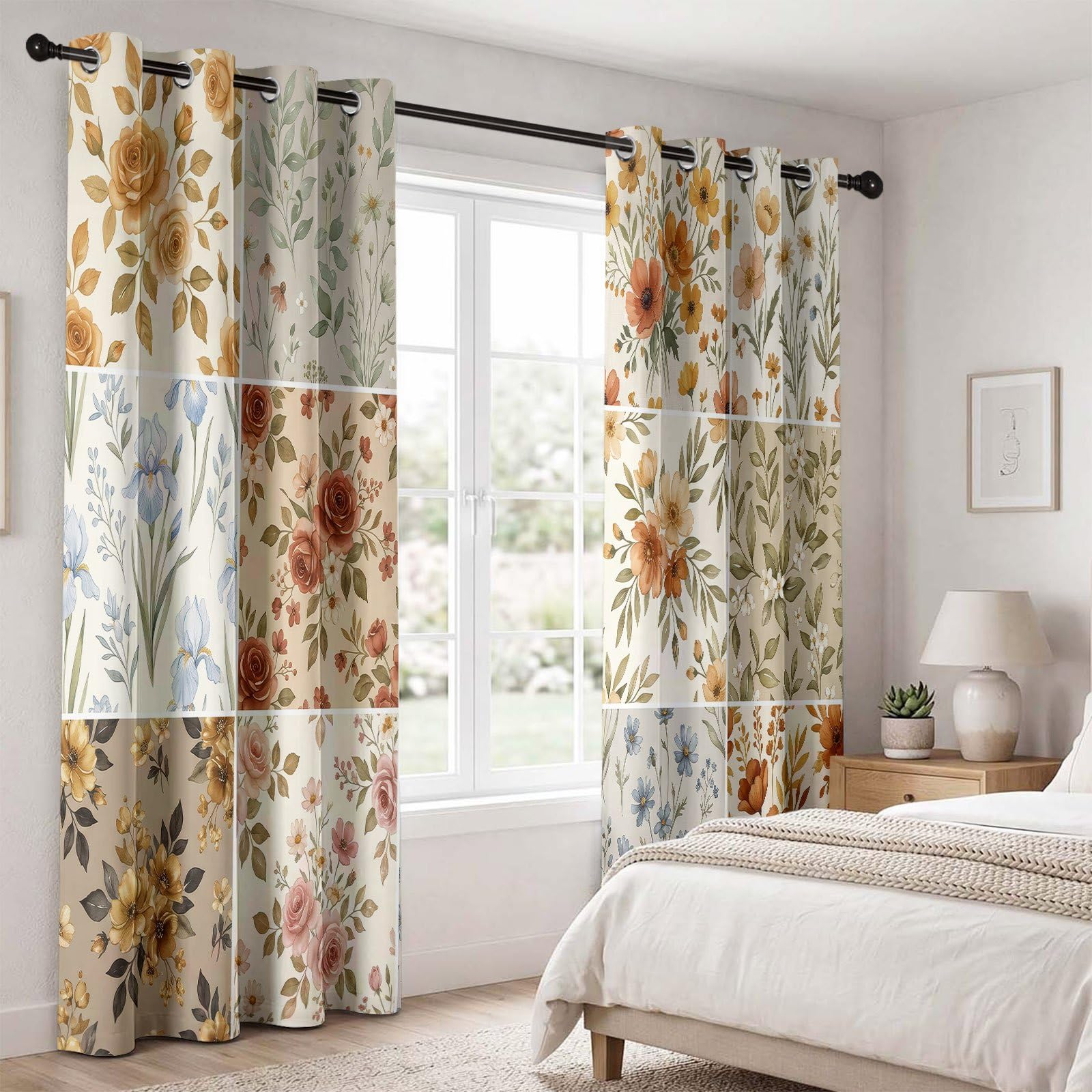 Tenda oscurante floreale vintage beige marrone – Tende termiche rosa margherite foglie rami e foglie, tende camera da letto, soggiorno, finestra, set di 2 tende e tendaggi occhielli, 150 x 280 cm