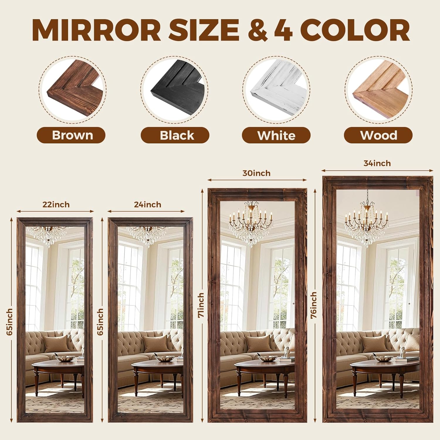 Full Length Wood Mirror 76x34 - Rustic Solid Wood Floor Mirror with Triple Layer Frame, HD Tempered Glass, Wall Mounted or Leaning Standing Mirror Vintage Brown Mirror for Bedroom Bathroom Living Room