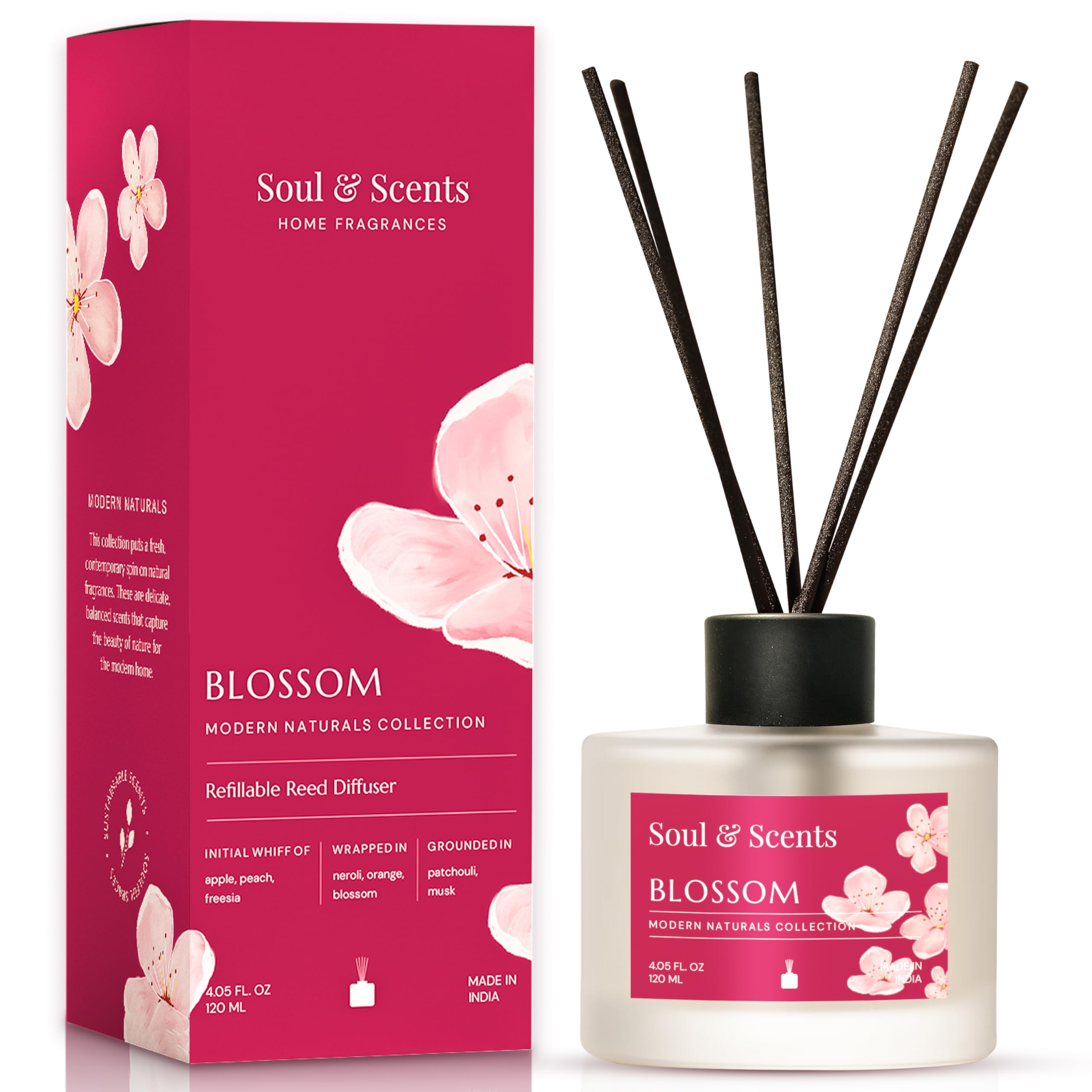 Soul & Scents Glass 120ml Blossom Reed Diffuser Set | Free 6 Fiber Reed Sticks | Stress Relief & Aromatherapy | Long-Lasting, Smoke-Free Air Freshener for Home, Bedroom & Office | Ideal for Gifting