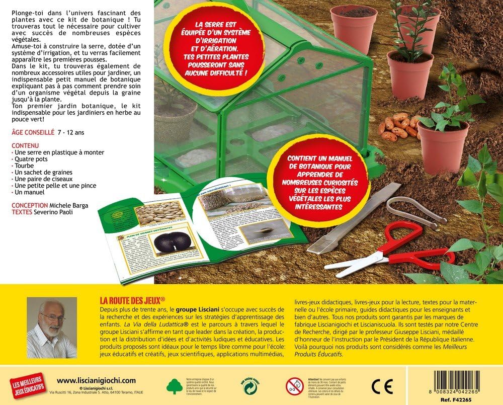 Back of the Lisciani Giochi F42265 Botanical Laboratory Science Kit box, detailing contents, assembly, and features.